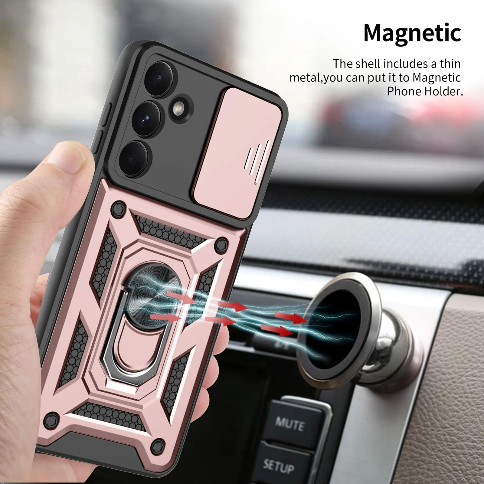 DL3 Mobilak Silicone Protective Case for Samsung Galaxy A35 5G with Slide Camera, Built-in magnetic car-mount support, Shock-absorbing protection, Built-in kickstand - Rose Gold