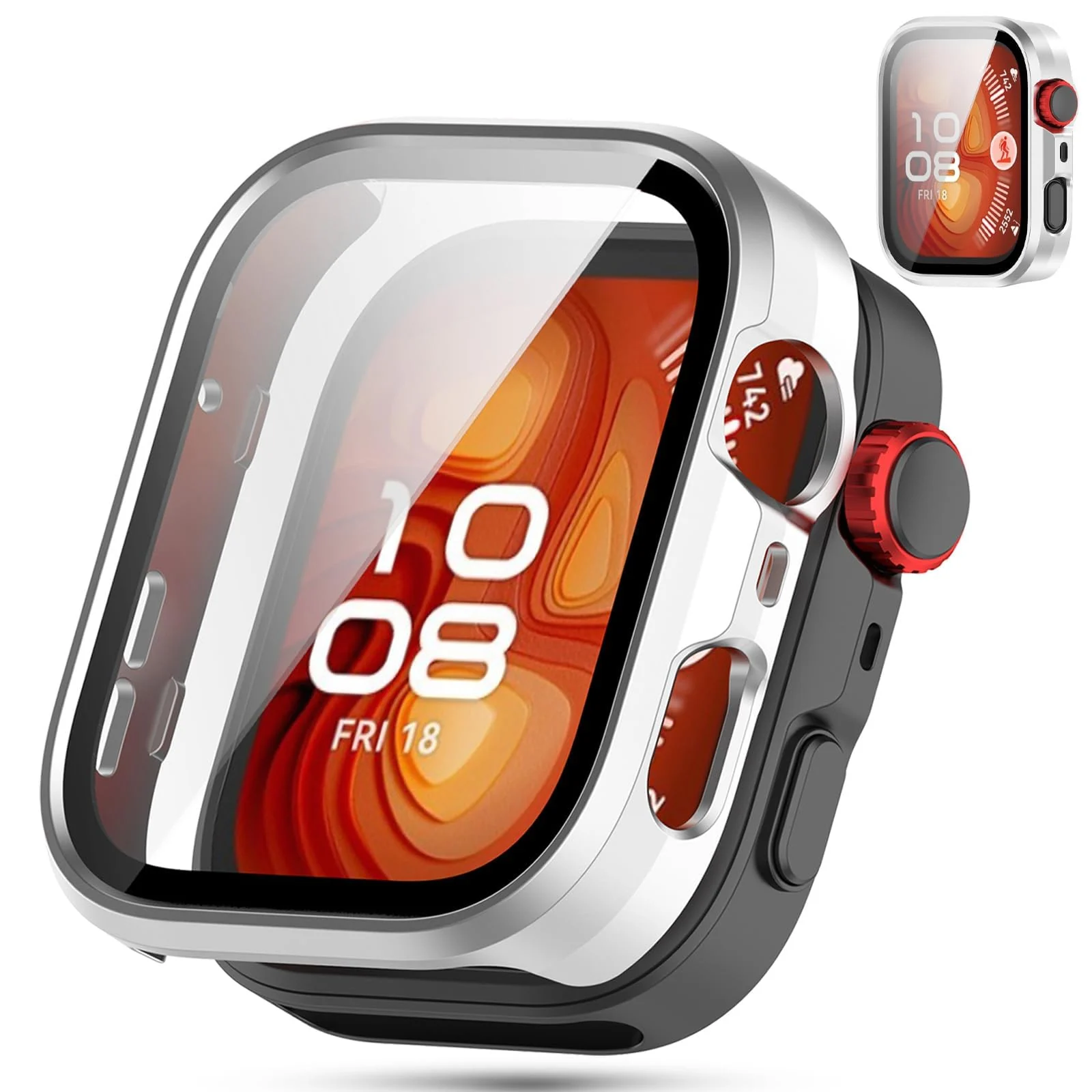 DL3 Mobilak Case Compatible with Huawei Watch Fit 4 Pro, Full Coverage Slim Hard Case Protective Bumper Built-in Tempered Glass Screen Protector Shell for Huawei Watch Fit 4 Pro - Silver