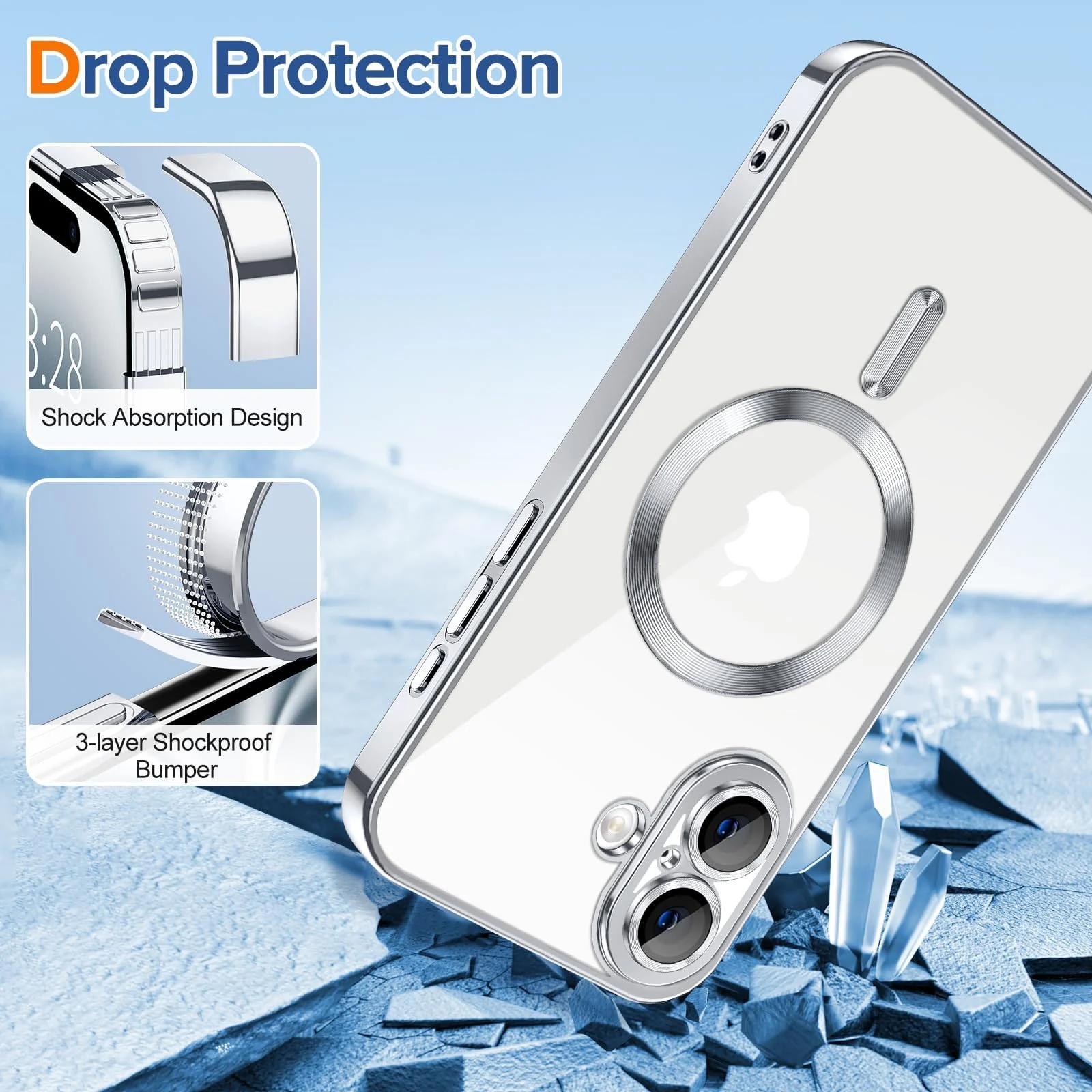 DL3 Mobilak Clear MagSafe-Compatible Magnetic Case for iPhone 16 6.1 with Camera Protection and Shockproof Design - Silver