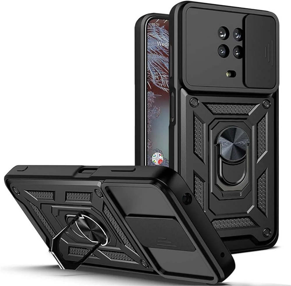 DL3 Mobilak Military-Grade Protective Case with Sliding Camera Cover, Metal Ring Kickstand and Magnetic Car-Mount Support for Nokia G20 / Nokia G10 - Black
