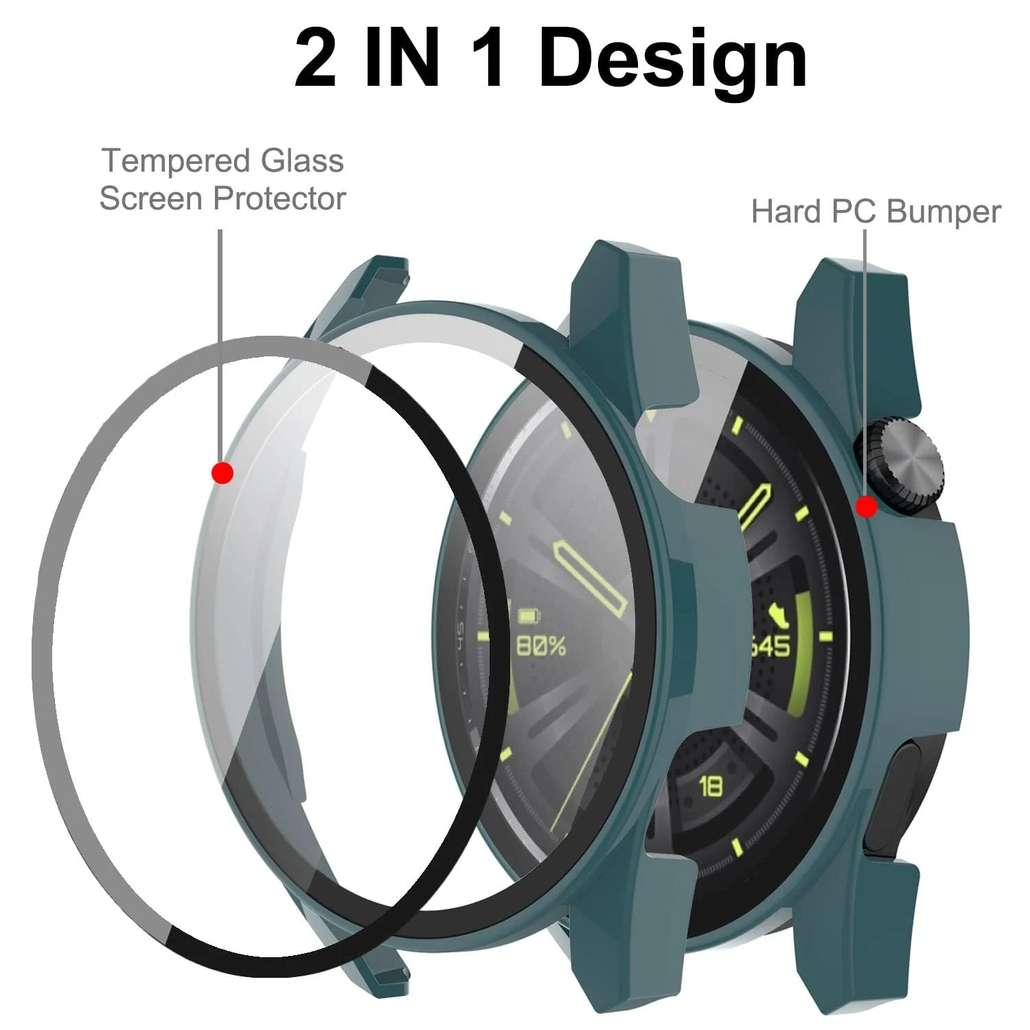 DL3 Mobilak Protective Case Compatible with Huawei Watch GT3 46mm 9H Hardness PC Case Bumper Full Slim Protective Cover with Tempered Glass For Huawei Watch GT 3 46mm - Green