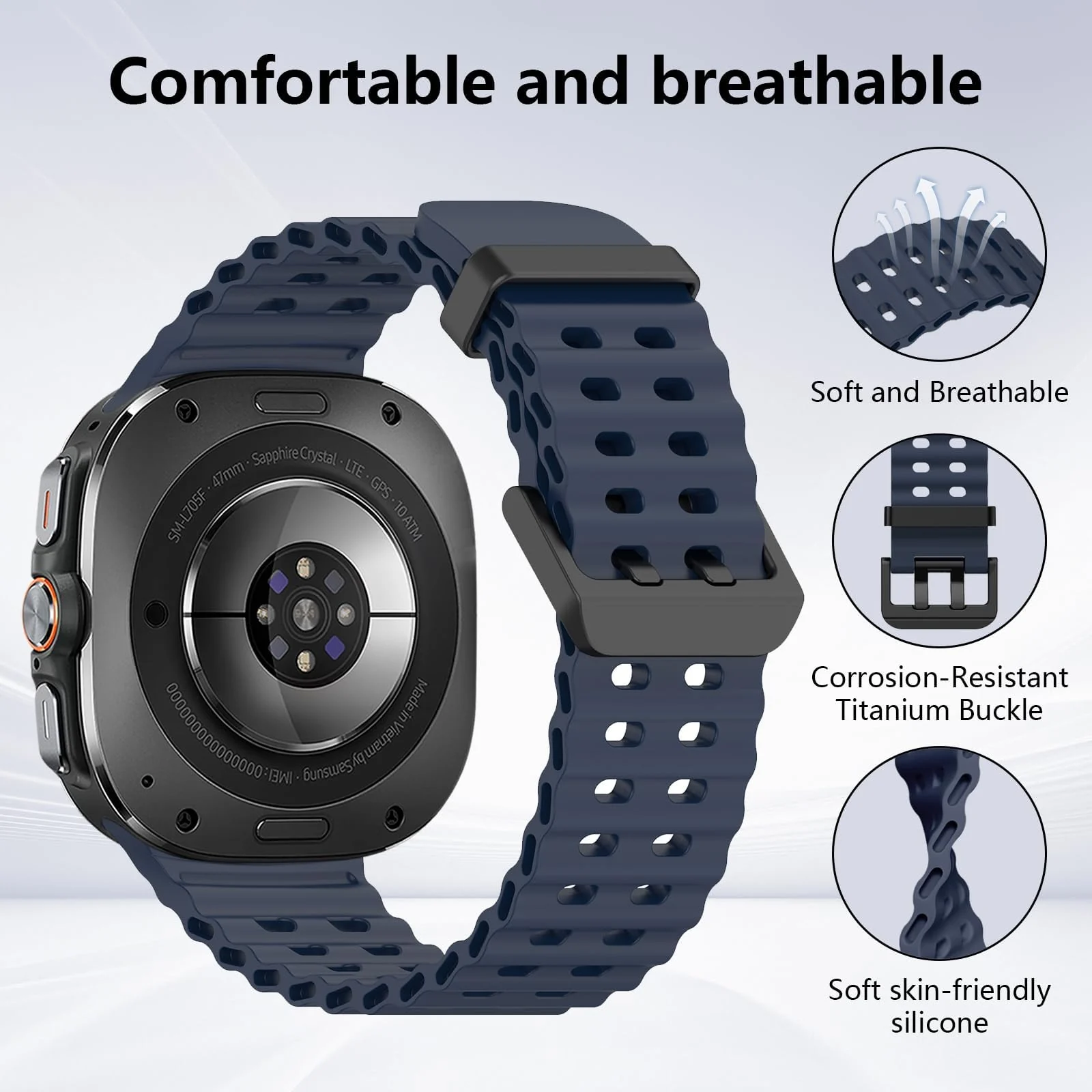 DL3 Mobilak Sport Band Compatible with Samsung Galaxy Watch Ultra Band 47mm Women Men, Breathable Soft Silicone Waterproof Watch Strap Accessories for Samsung Watch 7 Ultra Bands - Midnight Blue