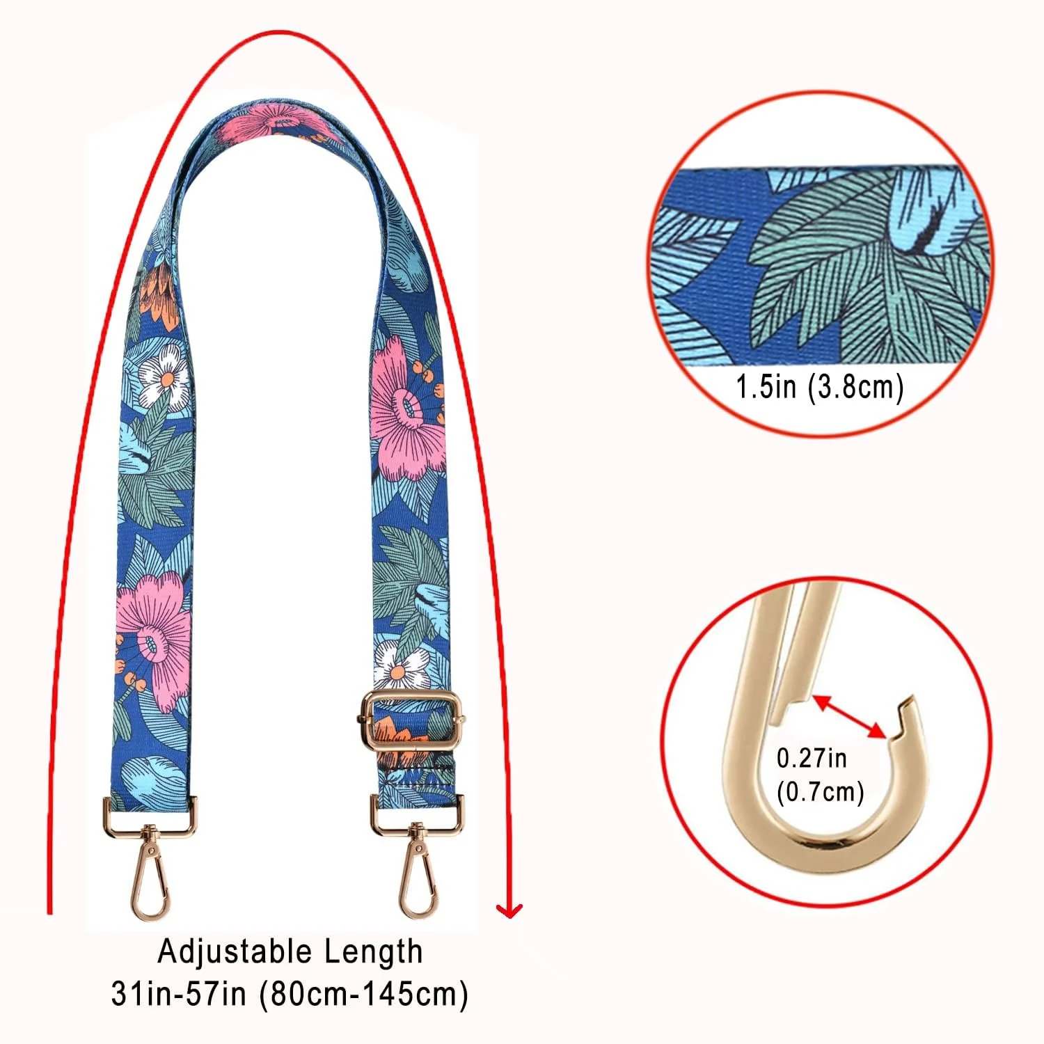 DL3 Mobilak Adjustable Wide Crossbody Bag Strap for Women, Replacement Shoulder Strap for Handbags, Totes & Purses with Elegant Embroidered Pattern and Metal Hooks - Navy Floral
