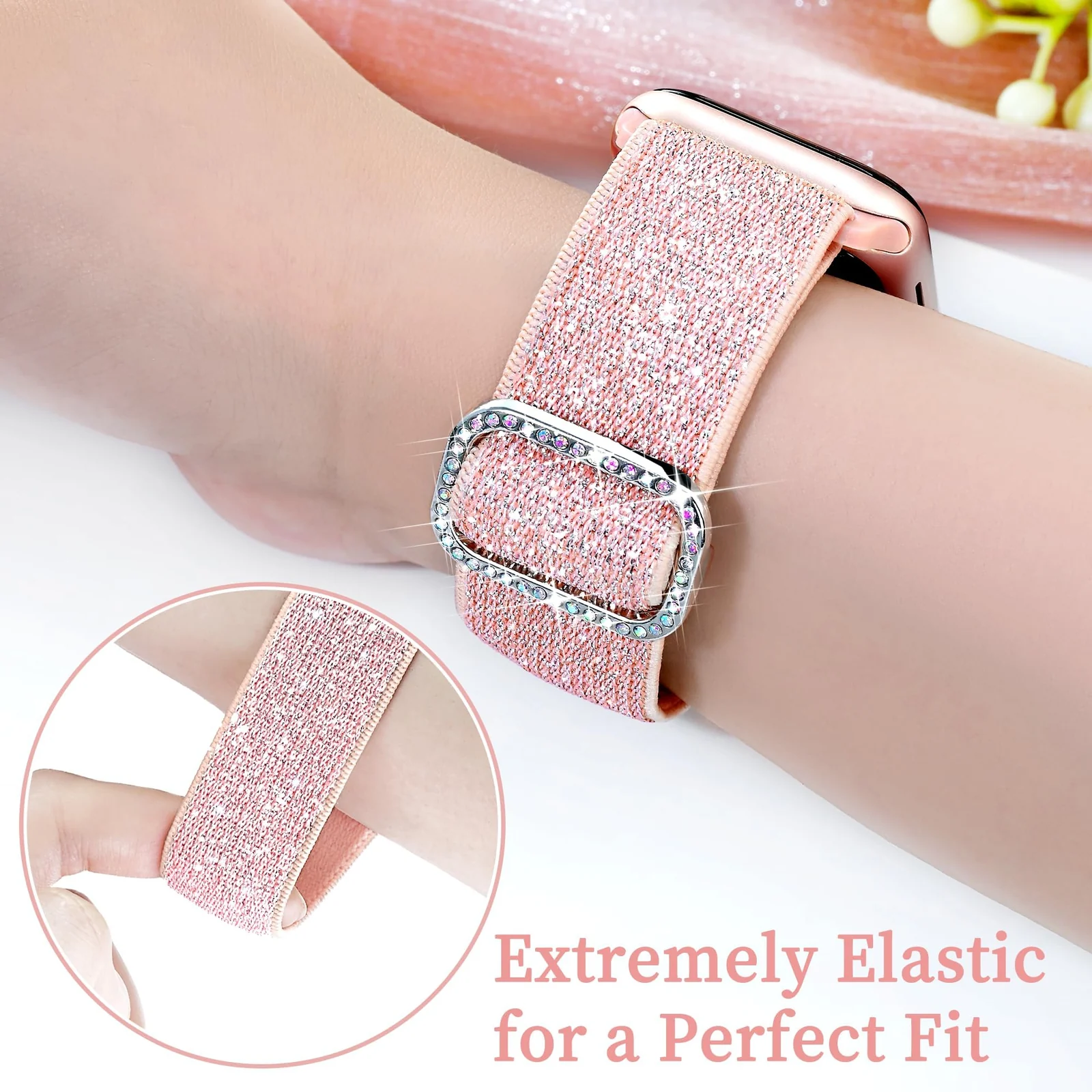DL3 Mobilak Stretchy Bling Band For Apple Watch 49mm 46mm 45mm 44mm 42mm Women, Nylon Sparkly Strap Solo Loop Glitter Wristband for iWatch Series 11 10 9 8 7 6 5 4 SE3 SE2 SE Ultra 3 2 1 - Pink