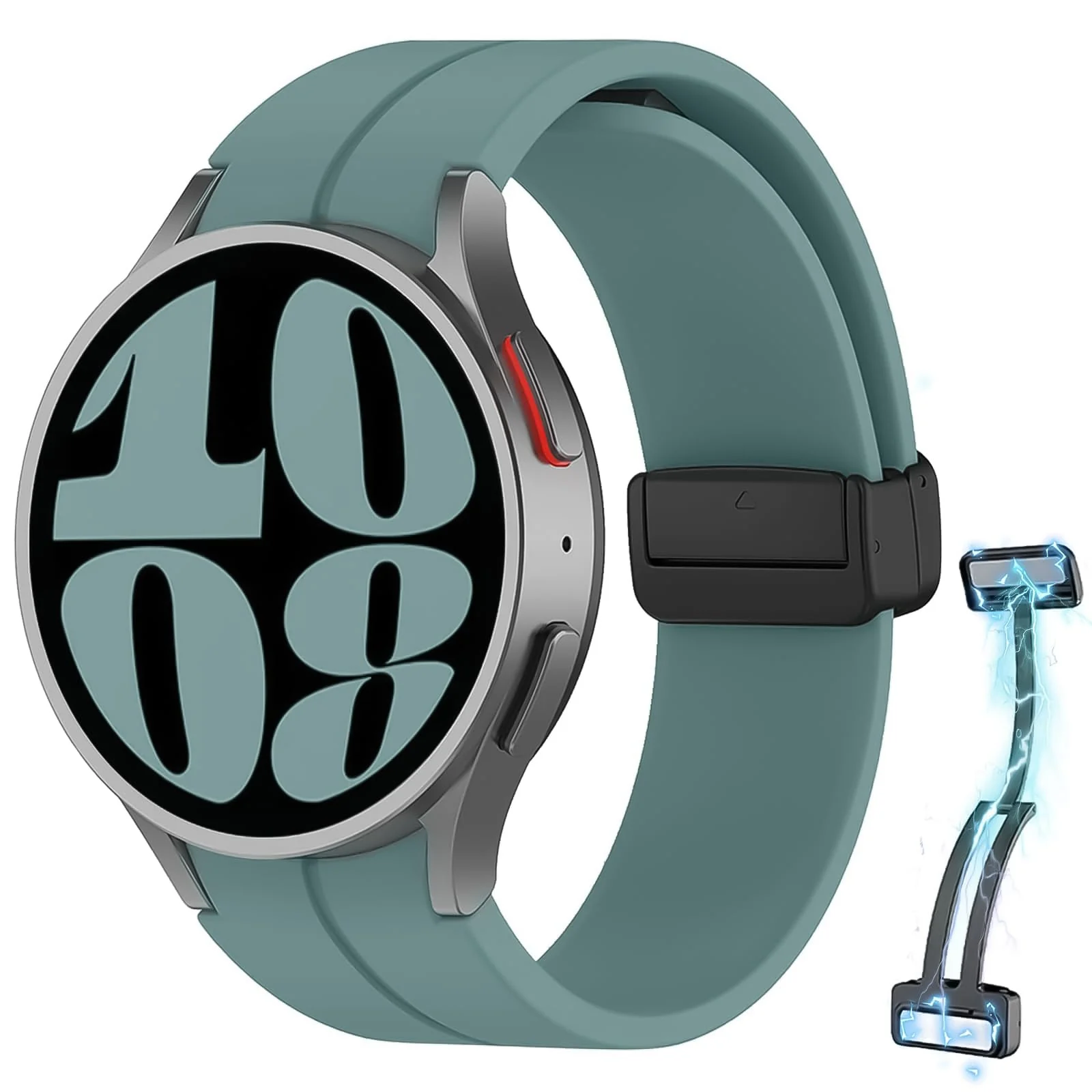 DL3 MOBILAK Magnetic Band for Samsung Galaxy Watch 6 Classic 47mm 43mm/5 Pro 45mm/Watch 7 FE 6 5 4 44mm 40mm/4 Classic 46mm 42mm,Silicone Strap for Samsung Watch 5 Pro 45mm,No Gap Buckle - A.Pine Green
