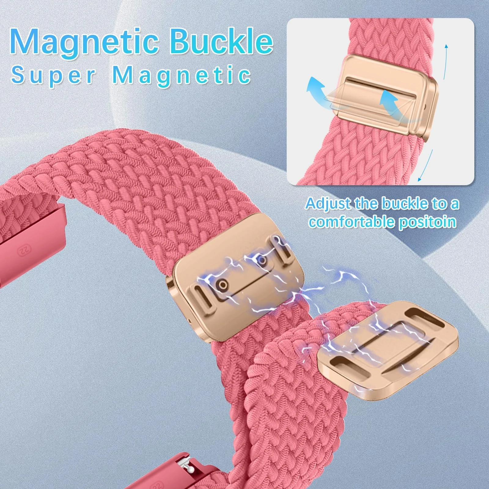DL3 Mobilak 22mm Magnetic Band for Redmi Watch 5 Active/5 Lite/Samsung Galaxy Watch 3 45mm/Watch 46mm/Gear S3/Huawei watch GT6 GT5 46MM/GT2E/GT6 Pro/GT 5 Pro/Amazfit GTR 4/3, Stretchy Braided Nylon Sport Strap - A-pink