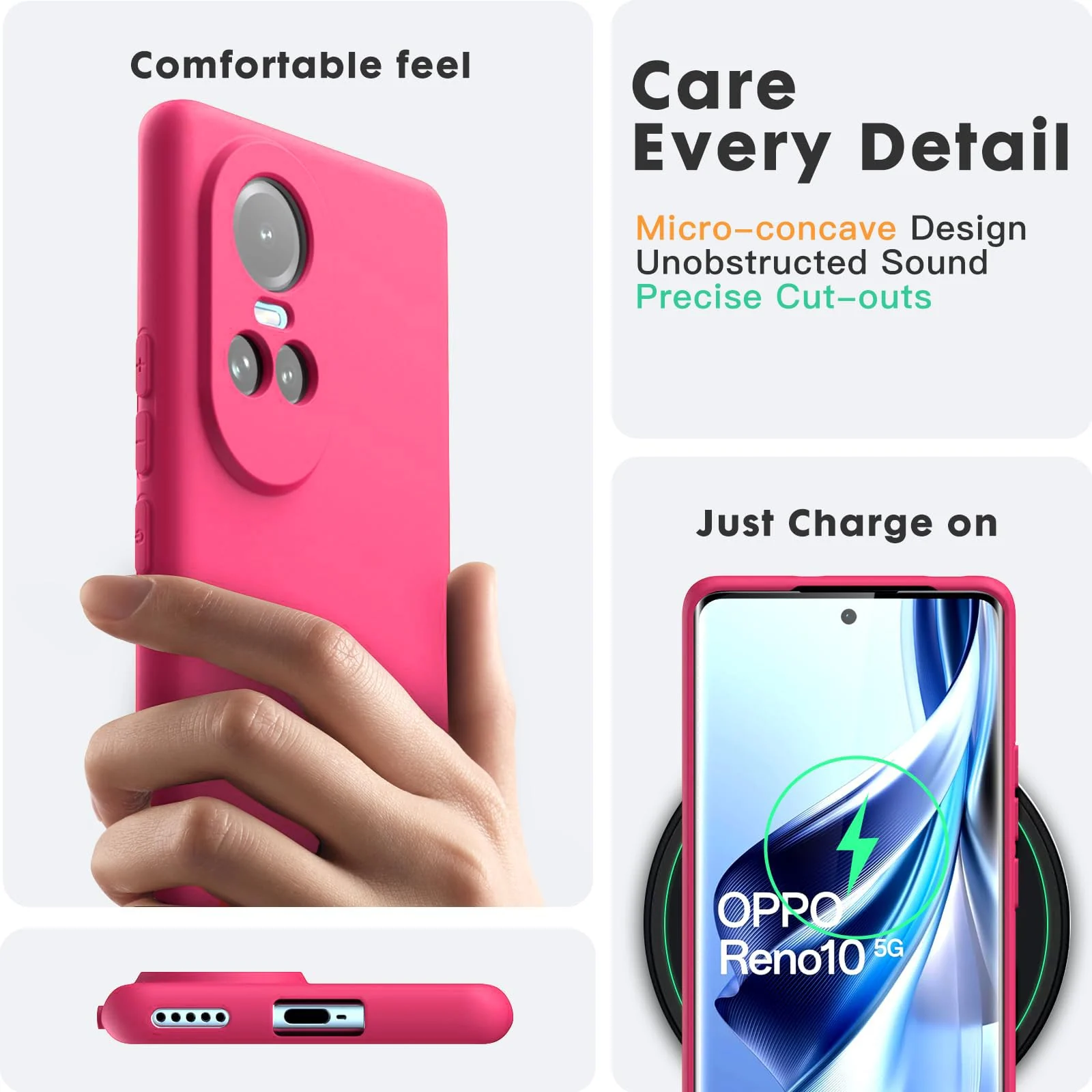 DL3 Mobilak OPPO Reno 10 5G / OPPO Reno 10 Pro 5G Case, Soft Flexible Liquid Silicone Gel Rubber Bumper Cover, Full Body Shockproof Protective Phone Case - Hot Pink