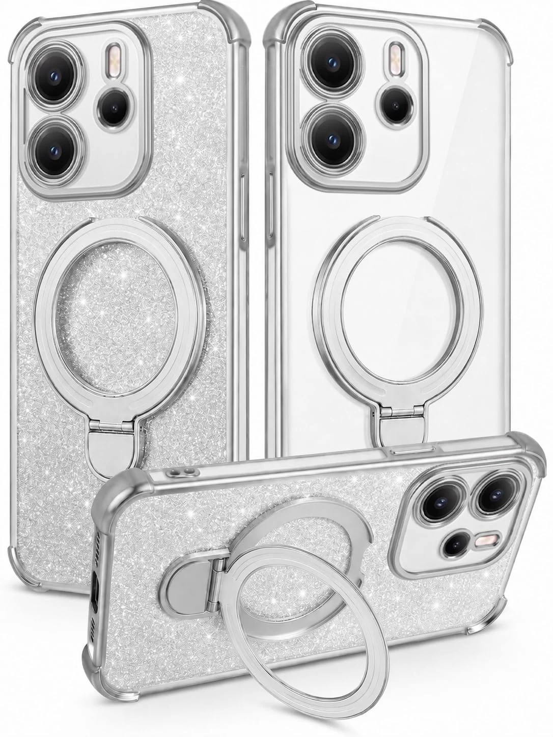 MOBIGON Glitter Phone Case with Magnetic Ring Stand for Xiaomi Redmi Note 14 4G, Silver