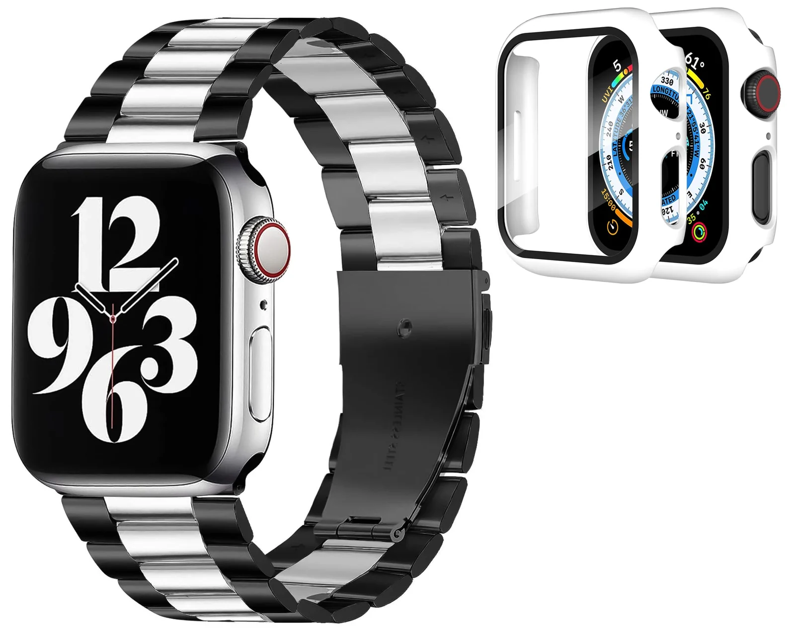 DL3 Mobilak Stainless Steel Band with Case Compatible with Apple Watch Band 45mm Series 9/8/7, Men Woman Business Strap with Protective Bumper Cover for iWatch Series 7/8/9 45mm - Black Silver