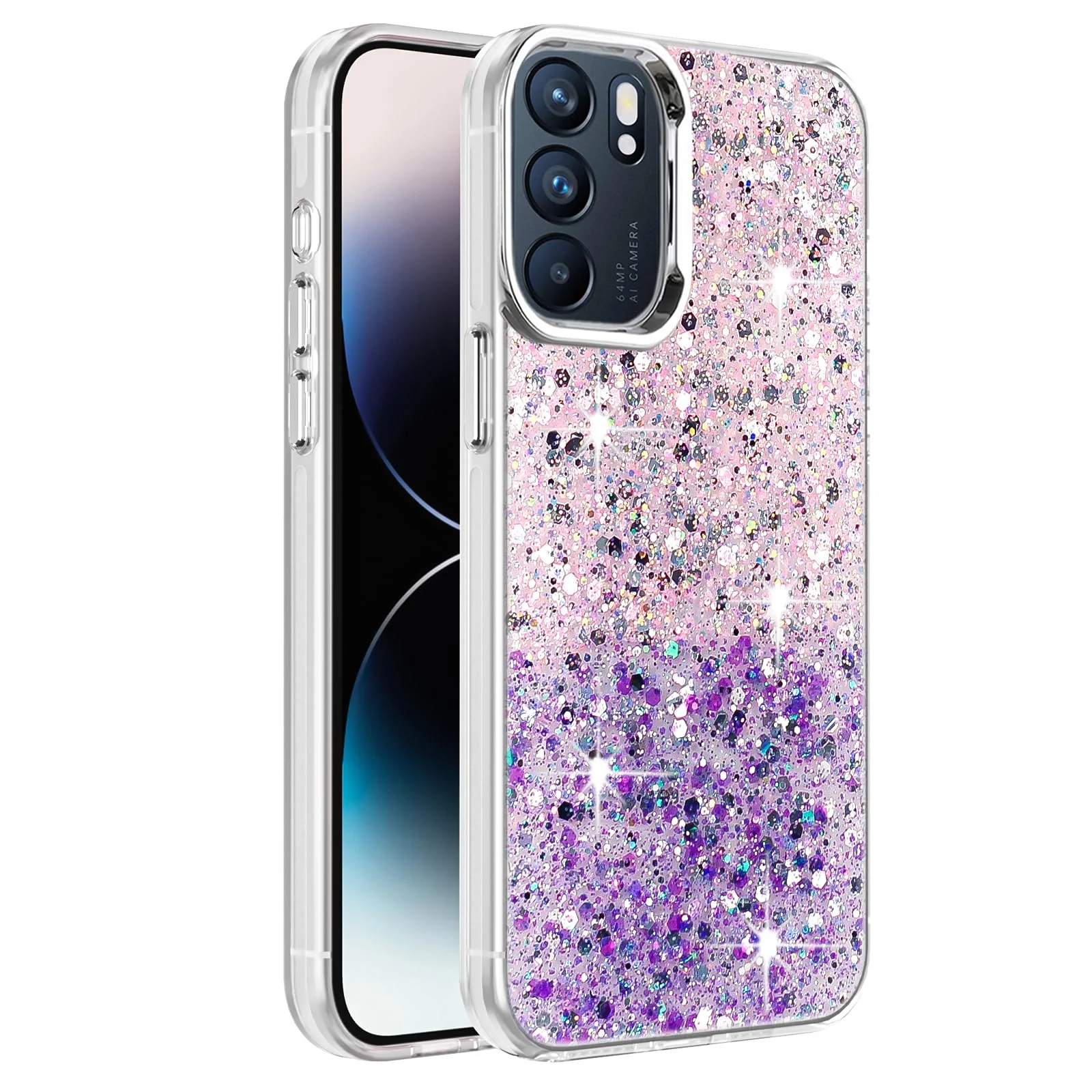 DL3 Mobilak Glitter Protective Case for OPPO Reno6 5G / Reno 6 5G, Supports wireless charging, Camera protection, Shock-absorbing protection - Pink Purple
