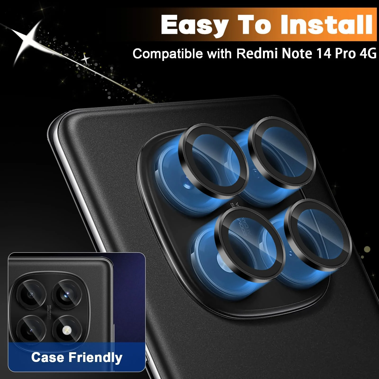 DL3 Mobilak Camera Lens Protector for Xiaomi Redmi Note 14 Pro 4G Accessories, 9H Tempered Glass Metal Individual Ring Camera Cover Screen Protector, Case Friendly, Anti Scratch - Black