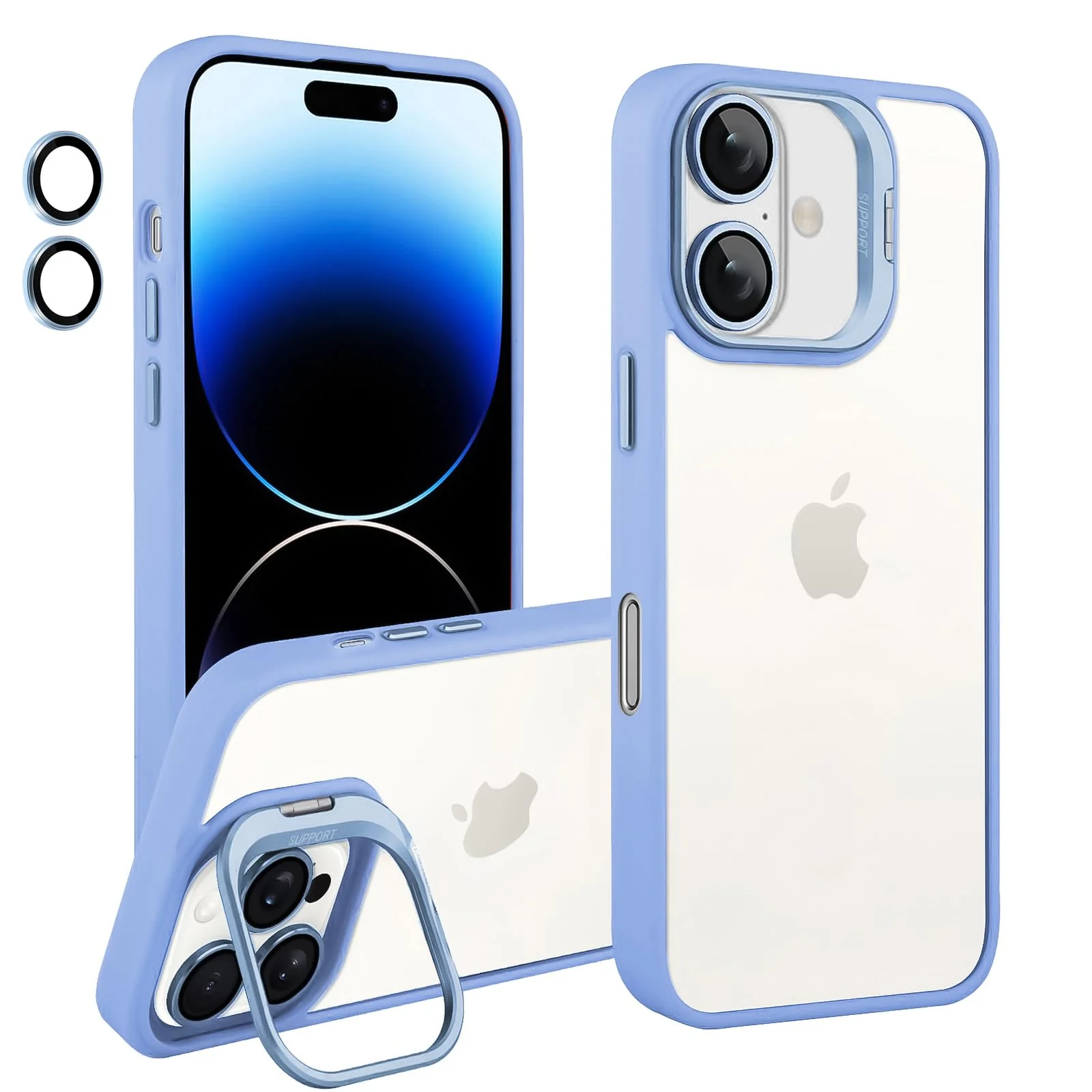 DL3 Mobilak Clear PC and TPU Case with Camera Ring Kickstand and Lens Protector for iPhone 16 - Sky Blue