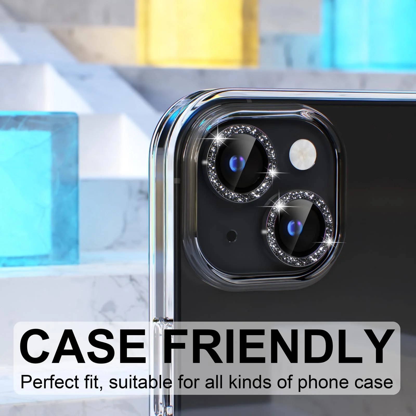 DL3 Mobilak Compatible with iPhone 15/15 Plus & iPhone 14/14 Plus Camera Lens Protector, Anti-Scratch HD Tempered Glass Lens Screen Protection Cover, Metal Individual Lens Ring - Glitter Black