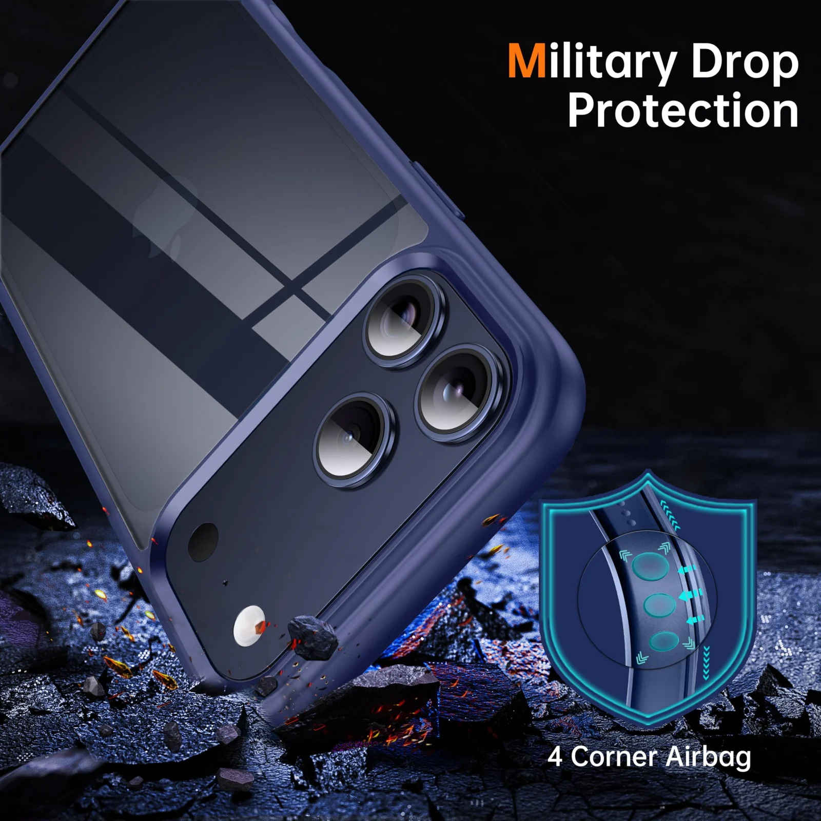DL3 Mobilak Case For iPhone 17 Pro Max 6.9 Inch, Crystal Clear Case [Not Yellowing] [Military Grade Drop Protection] Shockproof Protective Transparent Protective Slim Cover - Blue