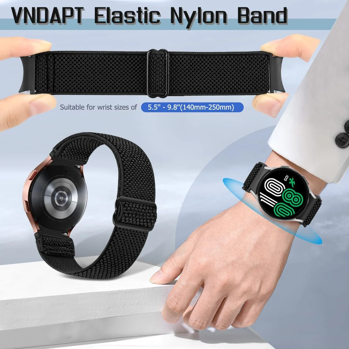 DL3 Mobilak Elastic Bands Compatible with Samsung Galaxy Watch 6 5 4 Bands 40mm 44mm/Watch 5 Pro Band 45mm/Watch 4 6 Classic Bands 42mm 43mm 46mm 47mm, Stretchy Nylon Solo Loop Strap - Black