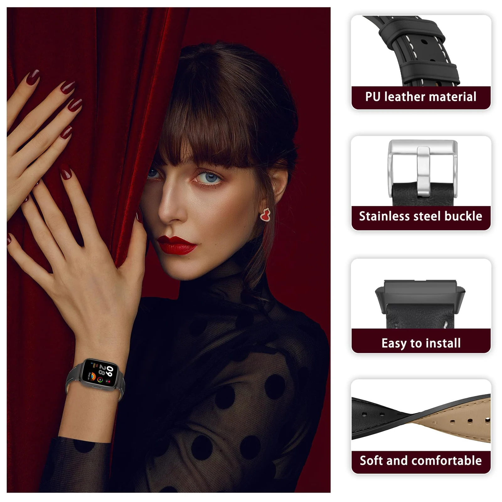 DL3 Mobilak Vintage Leather Strap Compatible With Xiaomi Redmi Watch 3 - Metal Buckle Breathable Replacement for Men and Women - Black