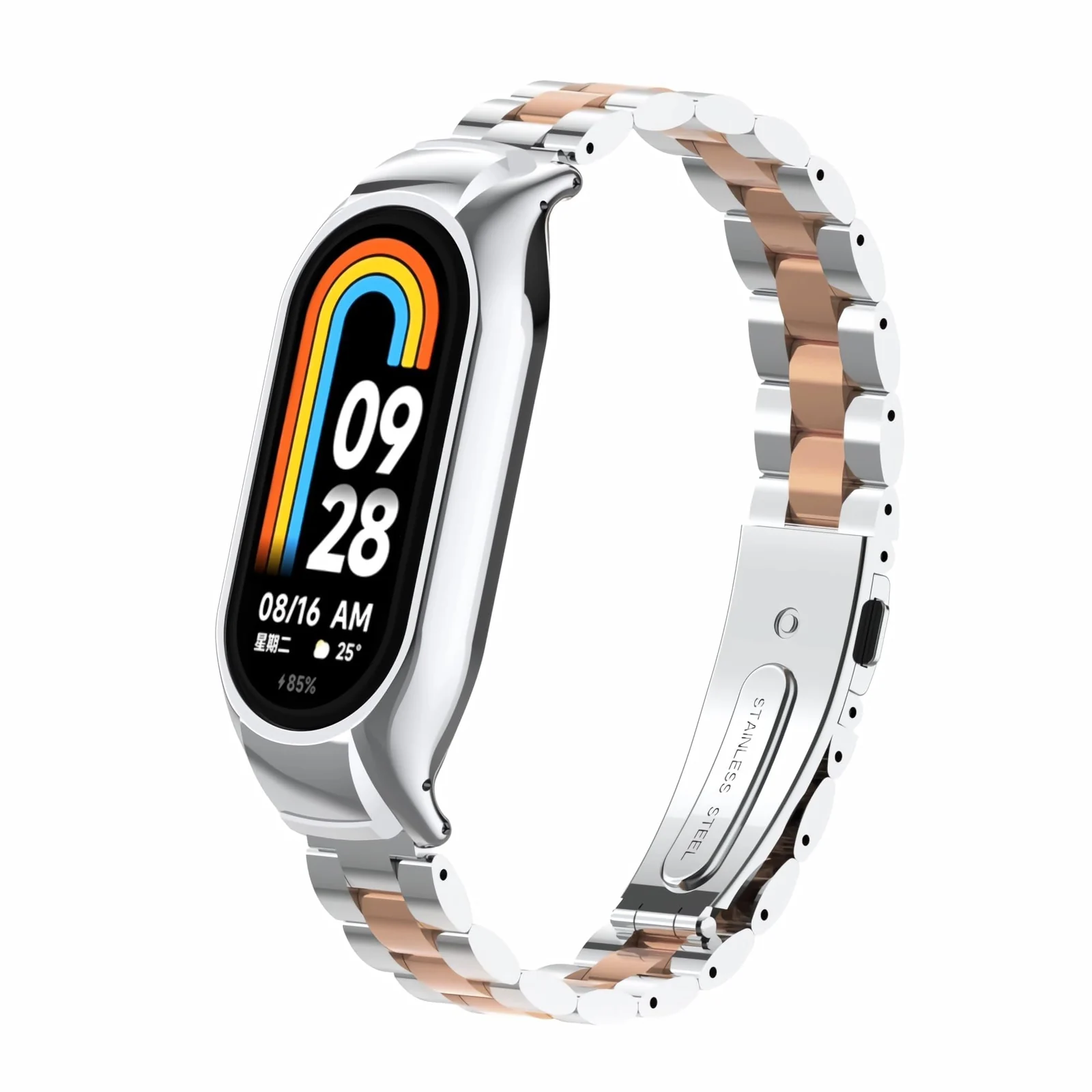 DL3 Mobilak Compatible For Xiaomi Mi Band 7 Strap, Metal Bracelet MiBand 7 Waterproof Stainless Steel Wrist Strap Accessory Band Strap for Xiaomi Mi Smart Band 7 - Silver Rose Gold