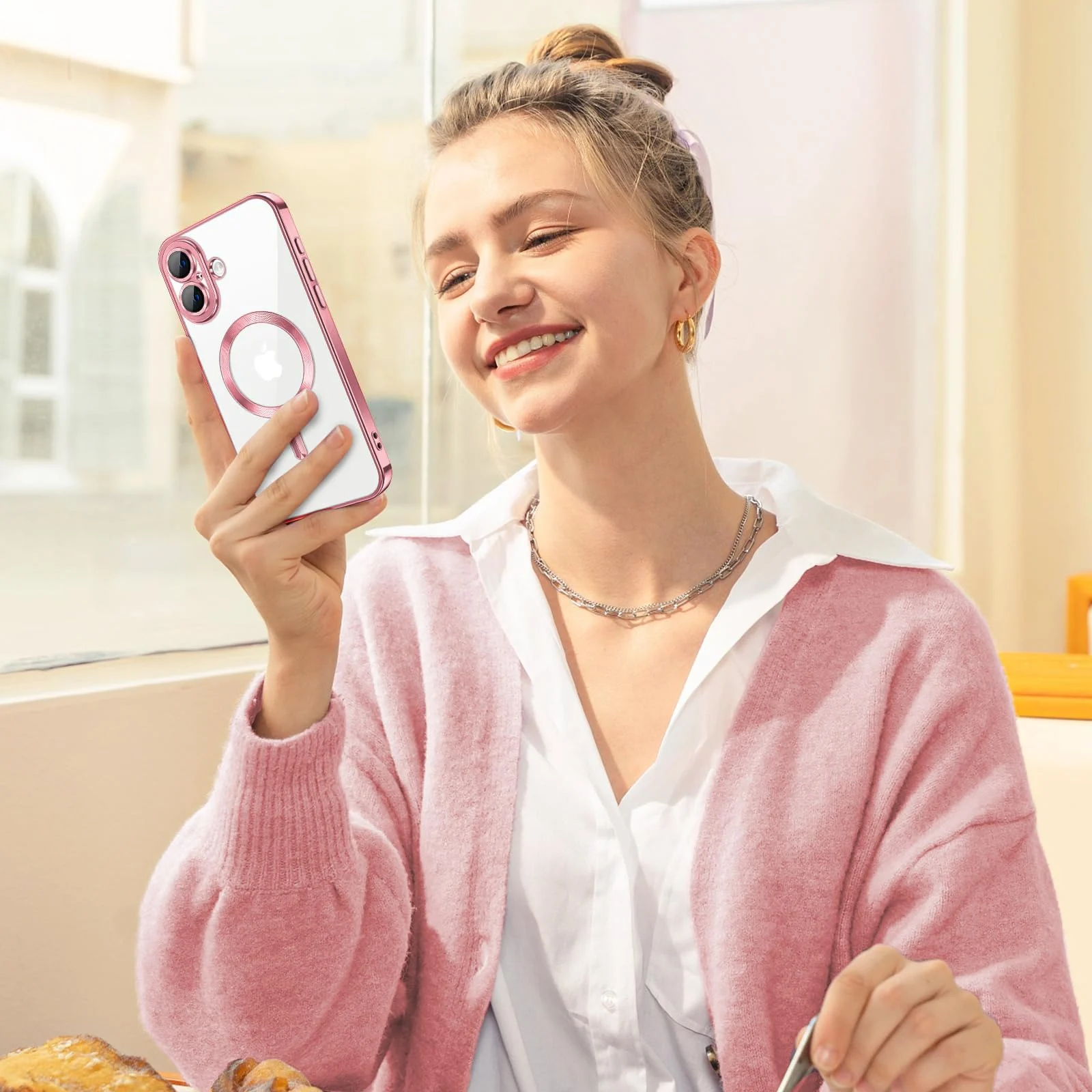 DL3 Mobilak Clear MagSafe-Compatible Magnetic Case for iPhone 16+ Plus 6.7 with Camera Protection and Shockproof Design - Pink