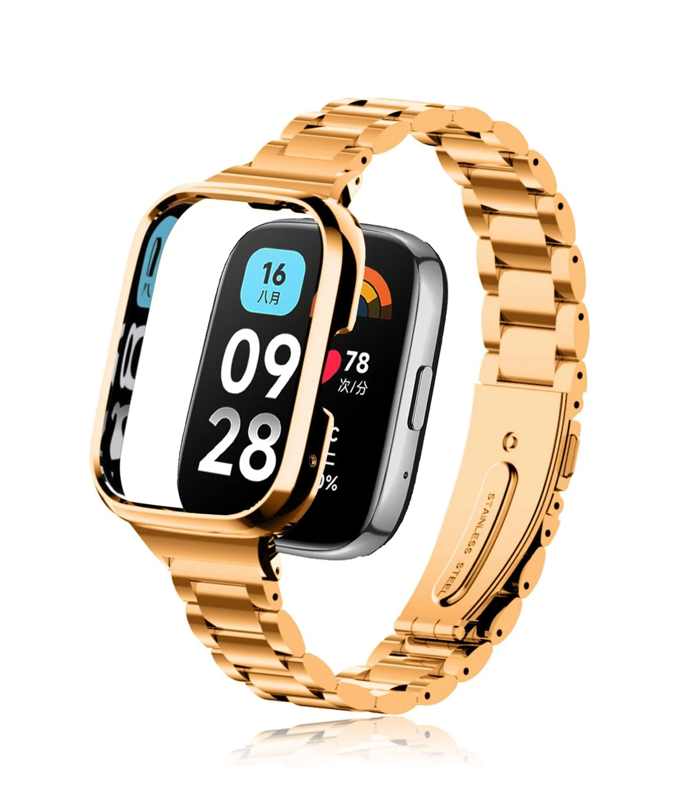DL3 Mobilak Bracelet Compatible with Xiaomi Redmi Watch 3 Lite/Redmi Watch 3 Active, Stainless Steel Metal Replacement Watch Band With Frame Metal Women Men Replacement Strap - Rose Gold