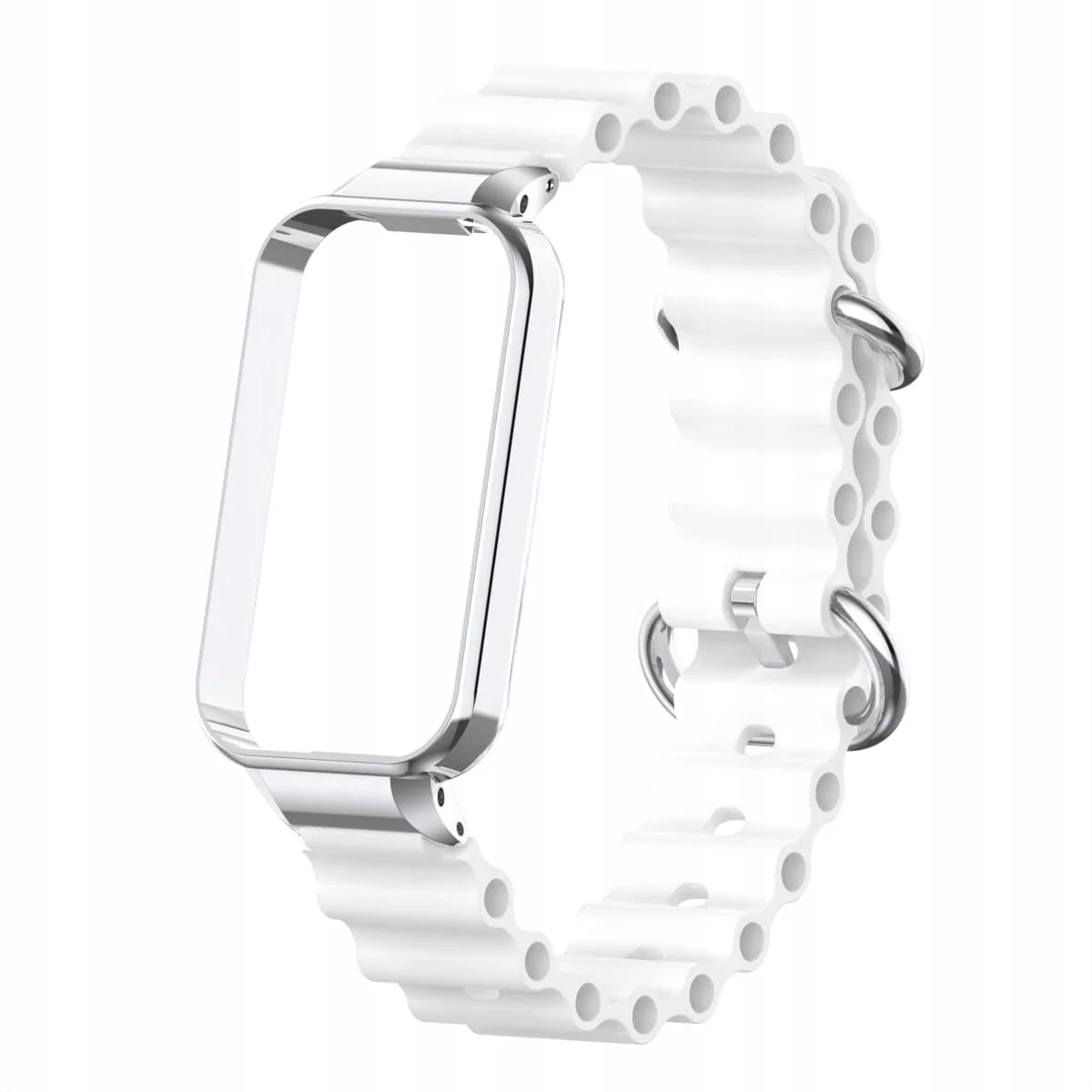 DL3 Mobilak Ocean Strap Compatible with Xiaomi Redmi Band 2/ Xiaomi Smart Band 8 Active, Adjustable Silicone Strap with Metal Buckle, Band With Frame Metal Women Men Replacement Strap - White