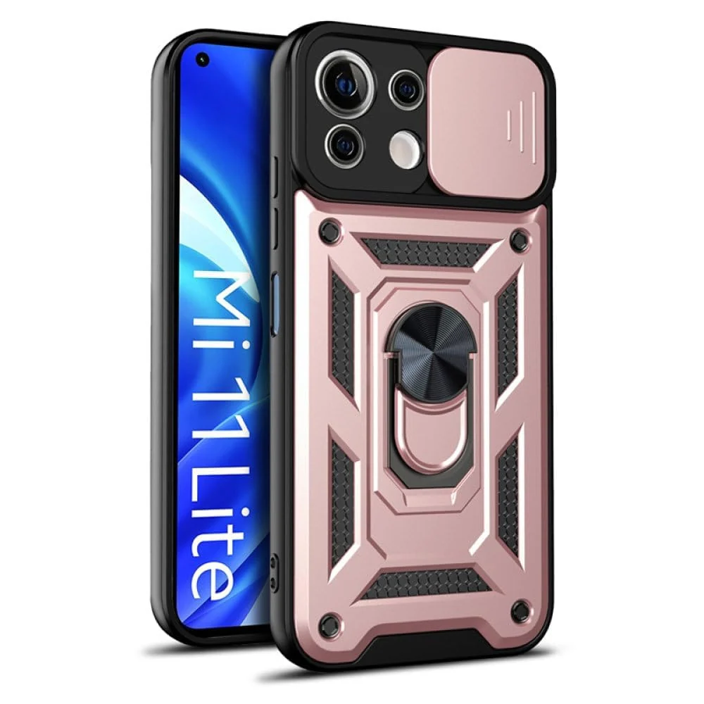 DL3 Mobilak Protective Case with Sliding Camera Cover, Metal Ring Kickstand and Magnetic Car-Mount Support for Xiaomi Mi 11 Lite 4G / 5G & Mi11 Lite 5G NE - Rose Gold