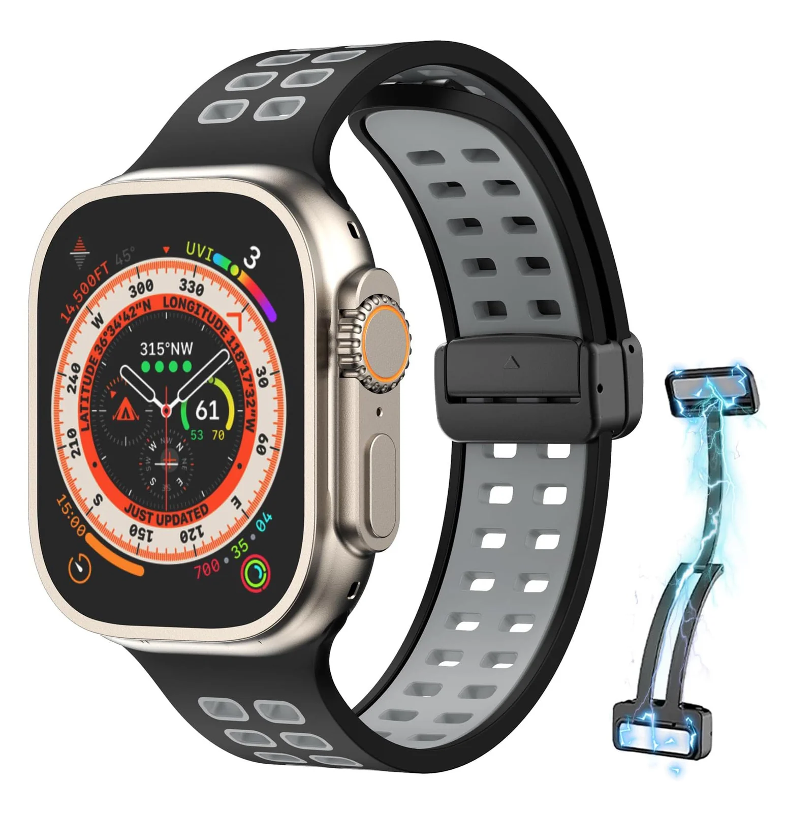 DL3 Mobilak Compatible with Apple Watch Ultra Band 49mm 45mm 44mm 42mm 41mm 40mm 38mm, Silicone Strap with Magnetic for iWatch Ultra SE Series 9 8 7 6 5 4 3 2 1 (42mm/44mm/45mm/49mm) - Black Gray