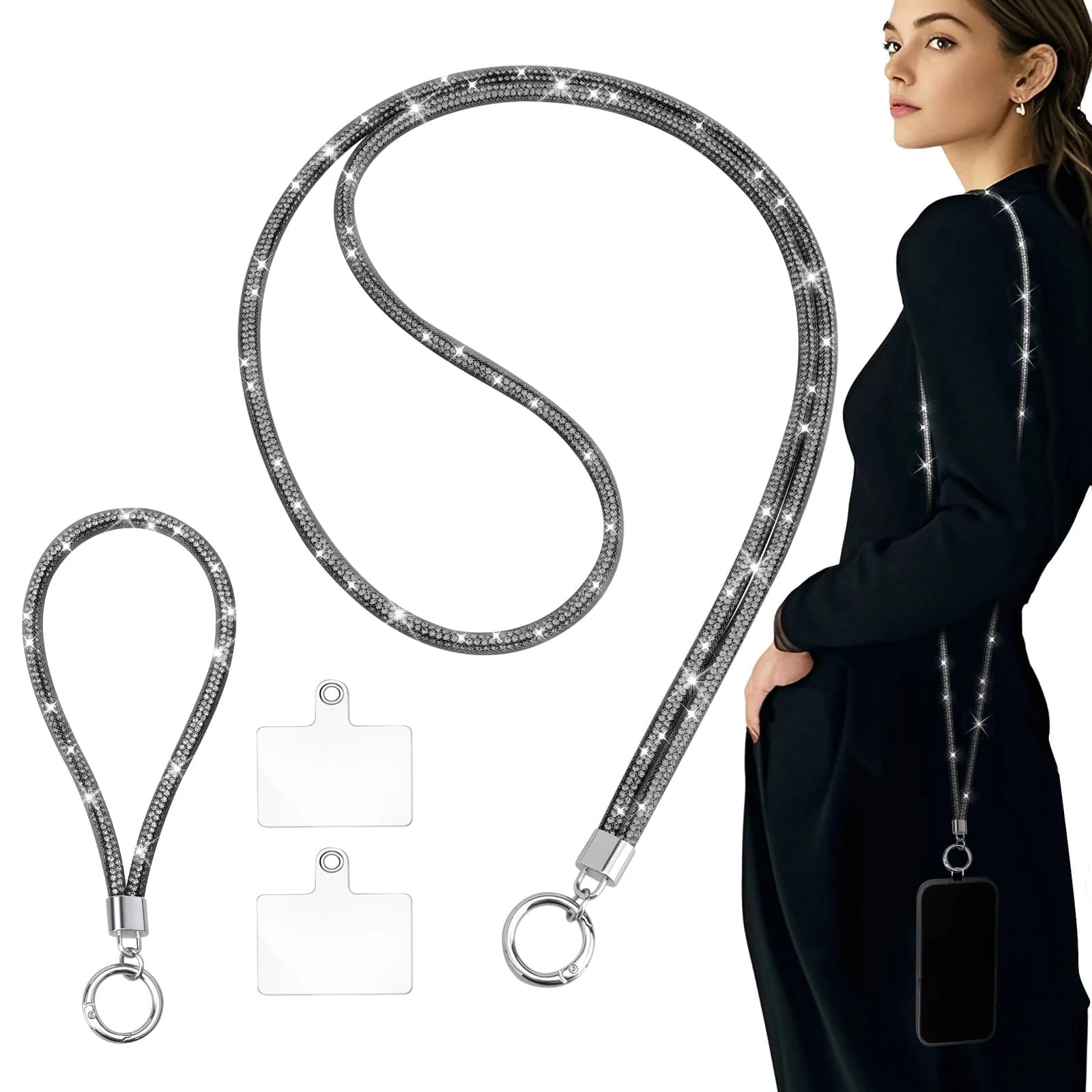 DL3 Mobilak Universal Phone Lanyard Crossbody, Rhinestone Cell Phone Chain Anti-Theft with 1× Shiny Phone Strap, 1× Wrist Strap, 2× Pads for Most Smartphones, Phone Neck Holder for Women - 2pcs Black