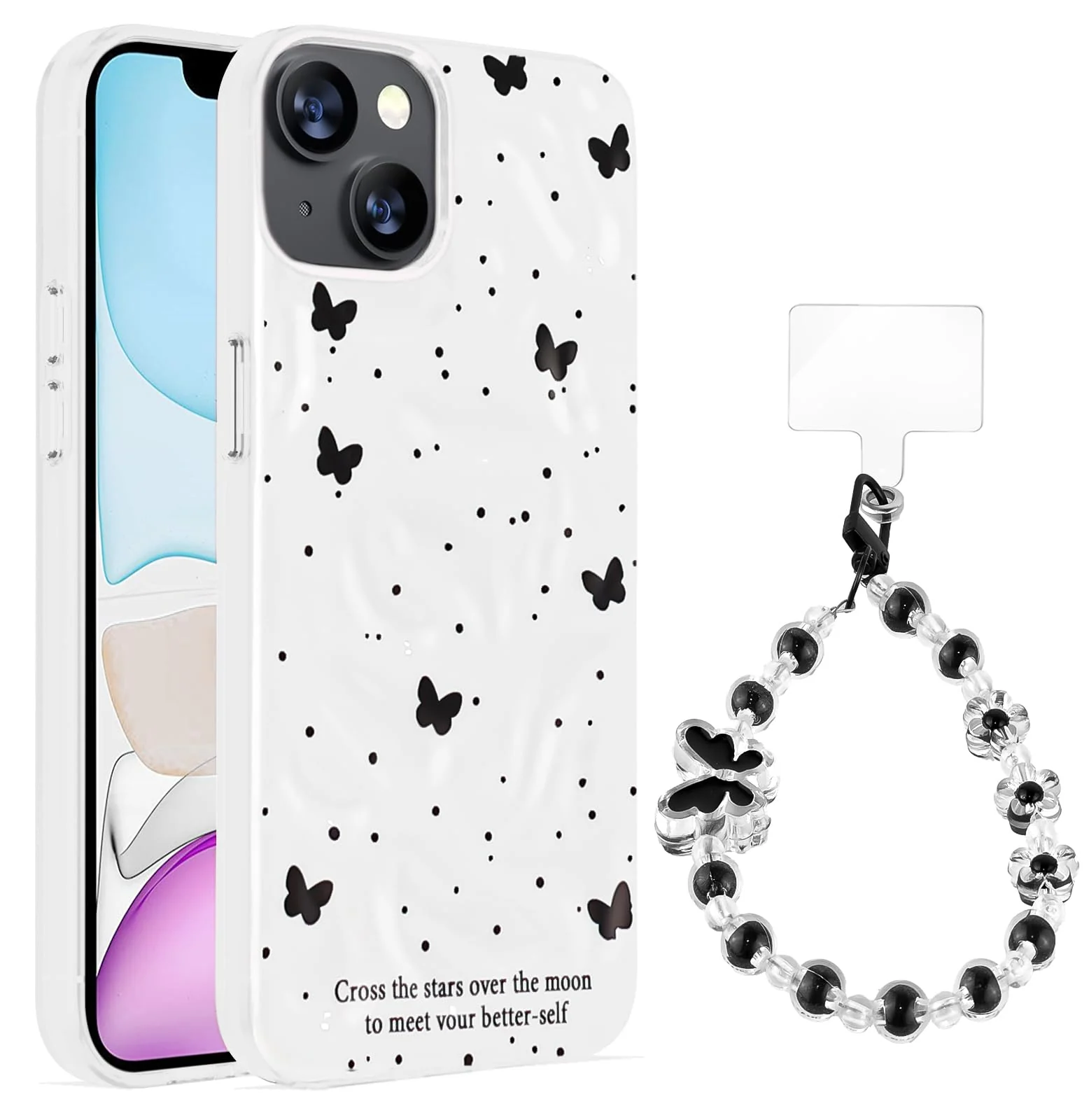 Dl3 Mobilak Case Compatible with iPhone 13/iPhone 14, Cute Printed Soft TPU Phone Cover with Beaded Wrist Strap, Shockproof Camera Protection, Slim Protective Case for Women & Girls - Style 1