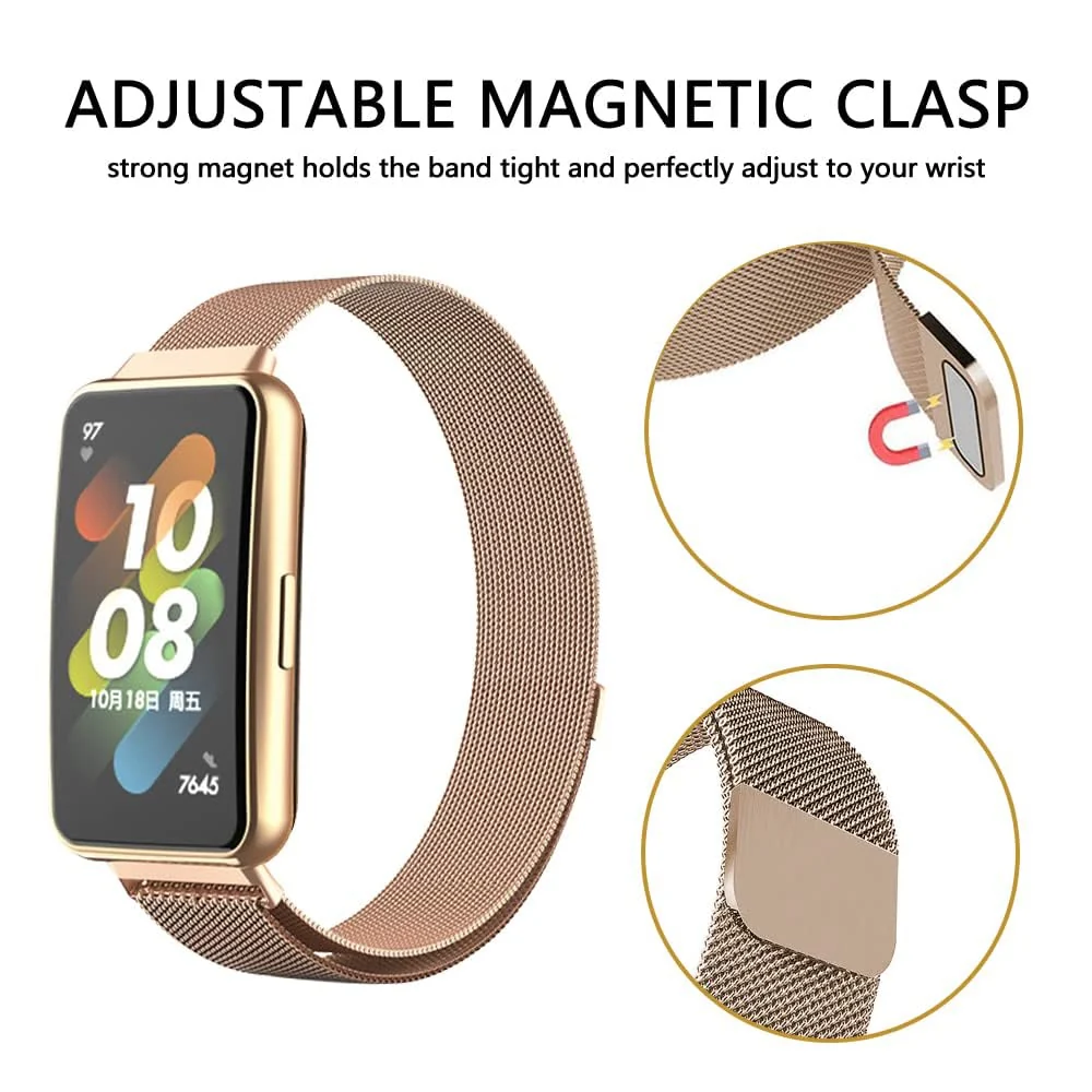 DL3 Mobilak Strap for Huawei Band 7/ Honor Band 7, Metal Woven Stainless Steel Magnetic Replacement Strap, Classic Adjustable Watch Strap Compatible with Huawei Watch Band 7 Bracelets - Rose Gold