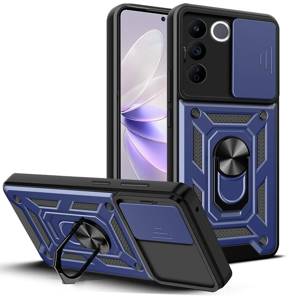 DL3 Mobilak Military-Grade Protective Case with Sliding Camera Cover, Metal Ring Kickstand and Magnetic Car-Mount Support for vivo V27e / vivo S16e - Blue