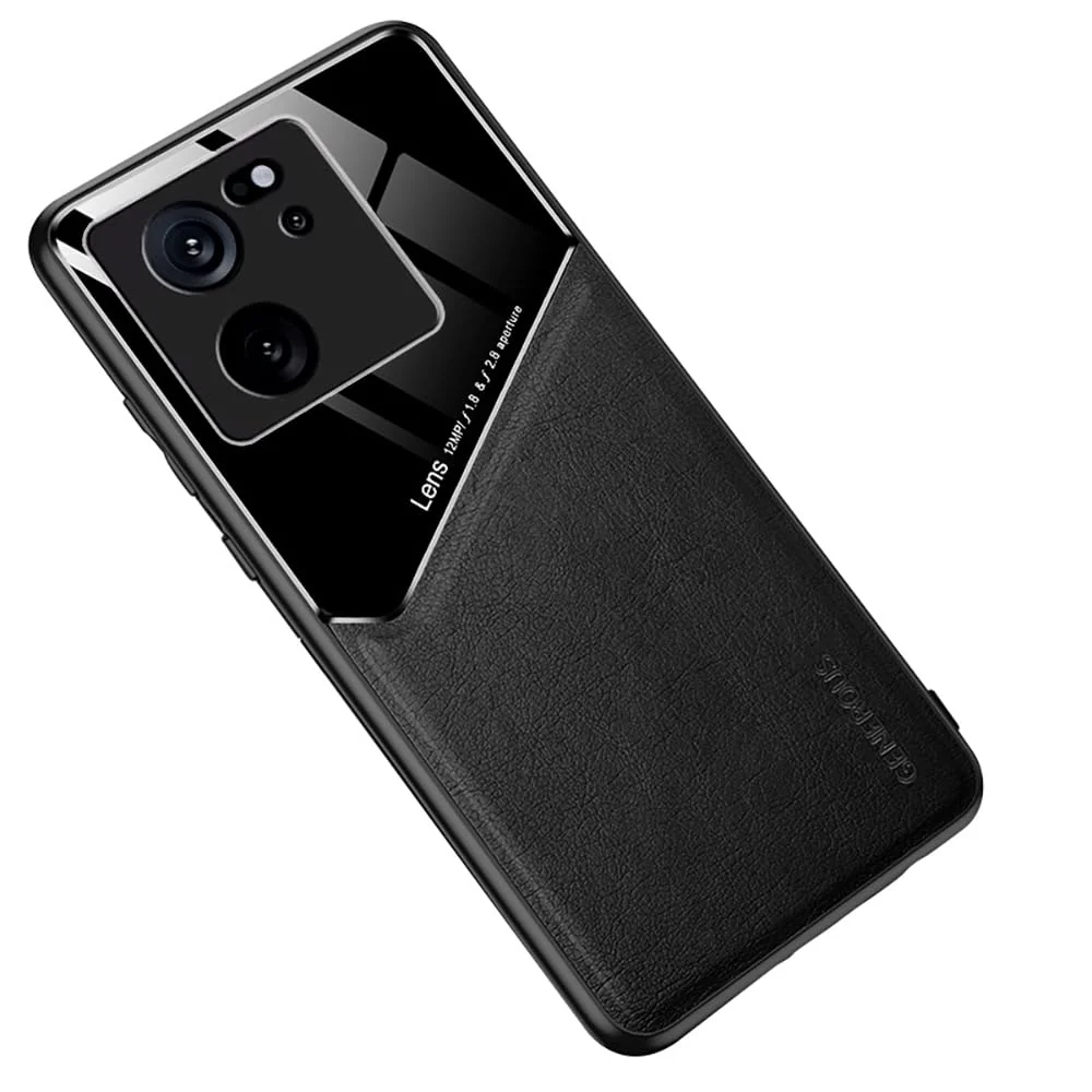 DL3 Mobilak Luxury Case For Xiaomi 13T / Xiaomi 13T Pro, Ultra-Thin Soft TPU Frame, Back Leather Mixed Double+Plexiglass Protective Cover With Built-in Car Magnetic - Black