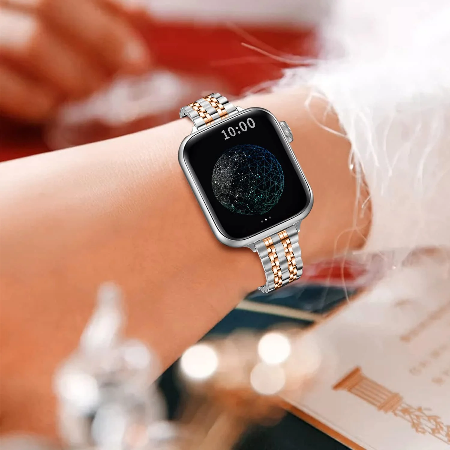 DL3 Mobilak Band For Apple Watch Ultra Band 49mm 45mm 44mm 42mm 41mm 40mm 38mm, Metal Stainless Steel Strap for Apple Watch Series 8 Ultra 7 6 5 4 3 2 1 Se (&, 42MM/44MM/45MM/49MM) - Silver & Rose Gold