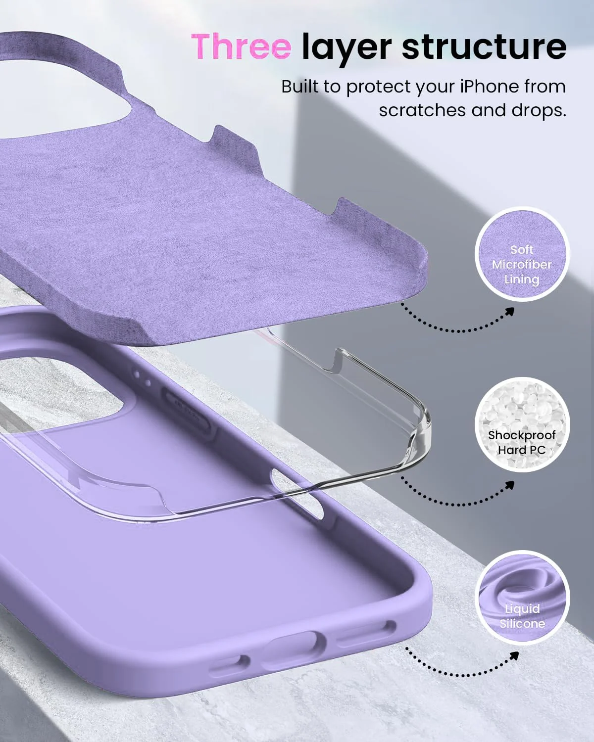 DL3 Mobilak Liquid Silicone Case for iPhone 16 Pro 6.3-inch, Supports wireless charging, Shock-absorbing protection, Scratch-resistant surface - Light Purple