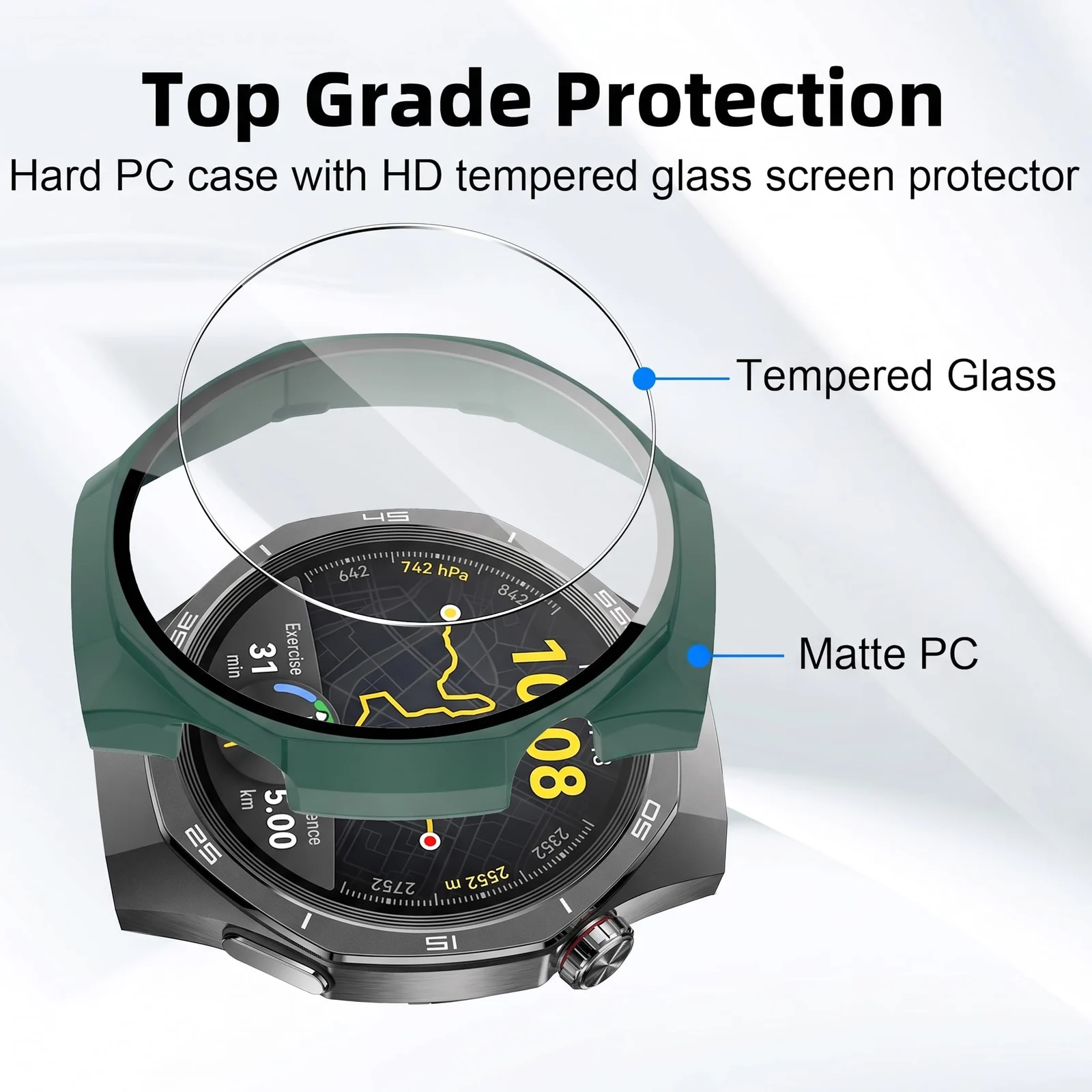 DL3 MOBILAK Full-Coverage Watch Case with Tempered Glass for Huawei Watch GT 5 Pro 46 mm, Green