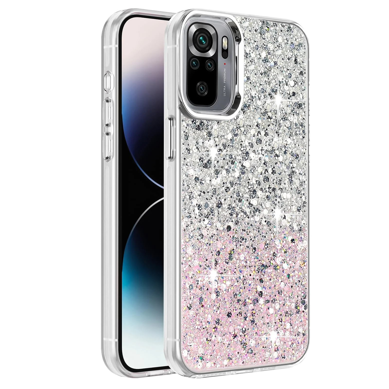 DL3 Mobilak Glitter Protective Case for Xiaomi Redmi Note 10 4G / Note 10S, Supports wireless charging, Camera protection, Shock-absorbing protection - White Pink
