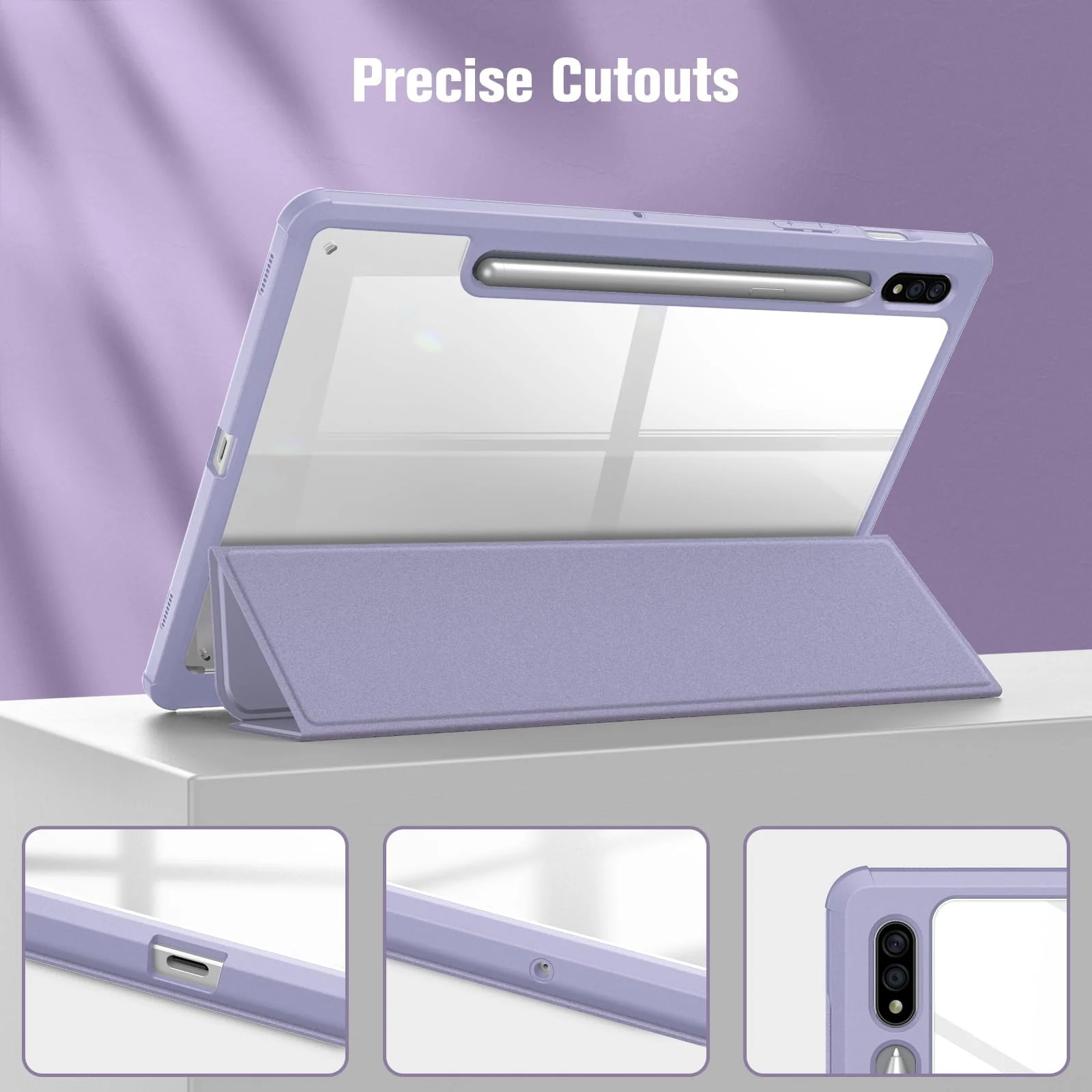 DL3 Mobilak Hybrid Slim Case for Samsung Galaxy Tab S9 FE+ / S9 FE Plus 12.4-Inch with S Pen Holder, Shockproof Cover with Clear Transparent Back Shell, Auto Wake/Sleep - Lavender