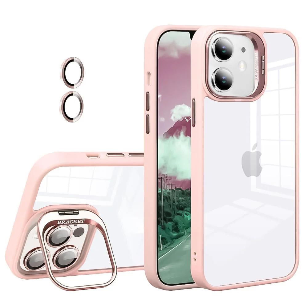 DL3 Mobilak Clear PC and TPU Case with Camera Ring Kickstand and Lens Protector for iPhone 11 - Pink
