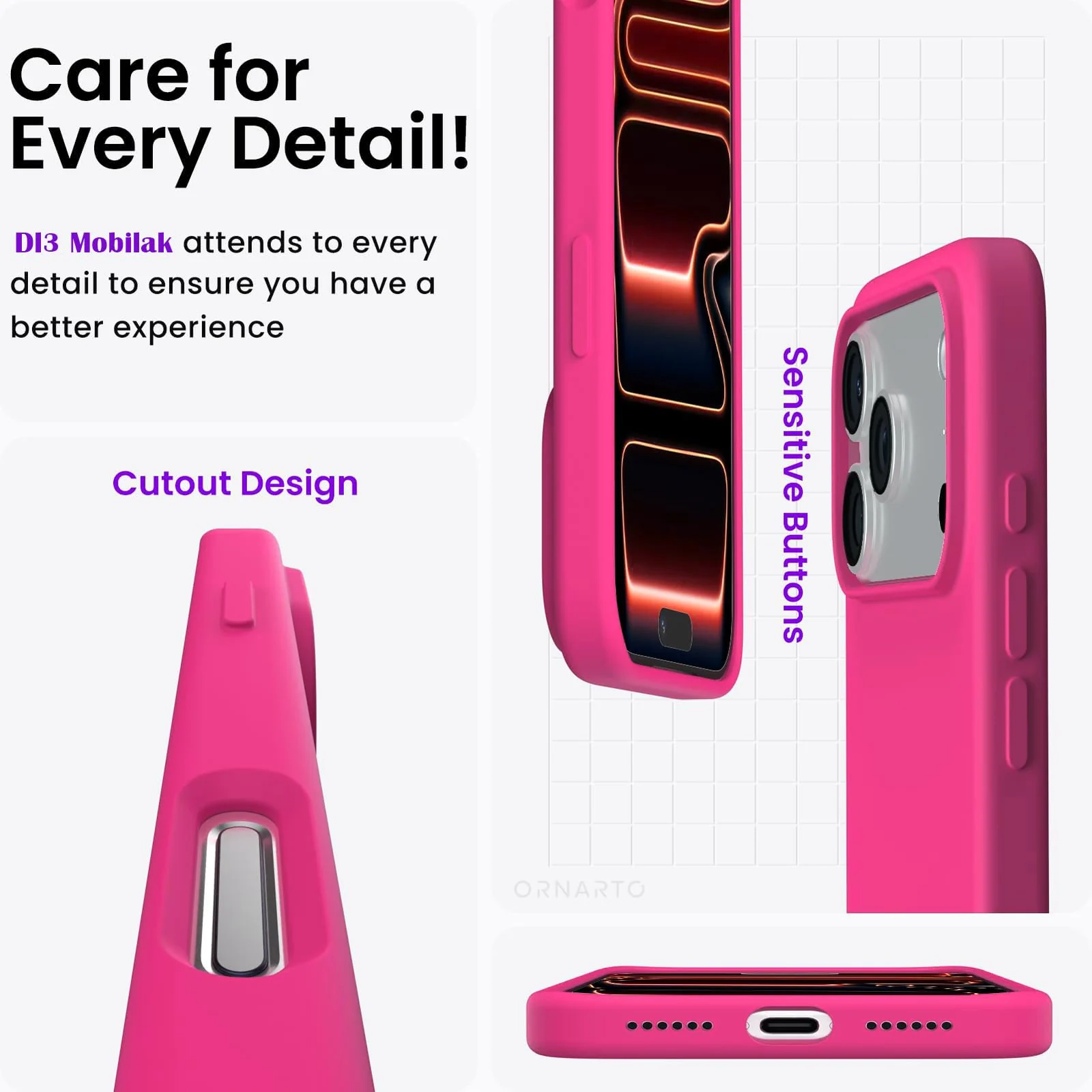 DL3 Mobilak Liquid Silicone Protective Case for iPhone 17 Pro 6.3-Inch with Microfiber Lining and Shockproof Design - Fuchsia