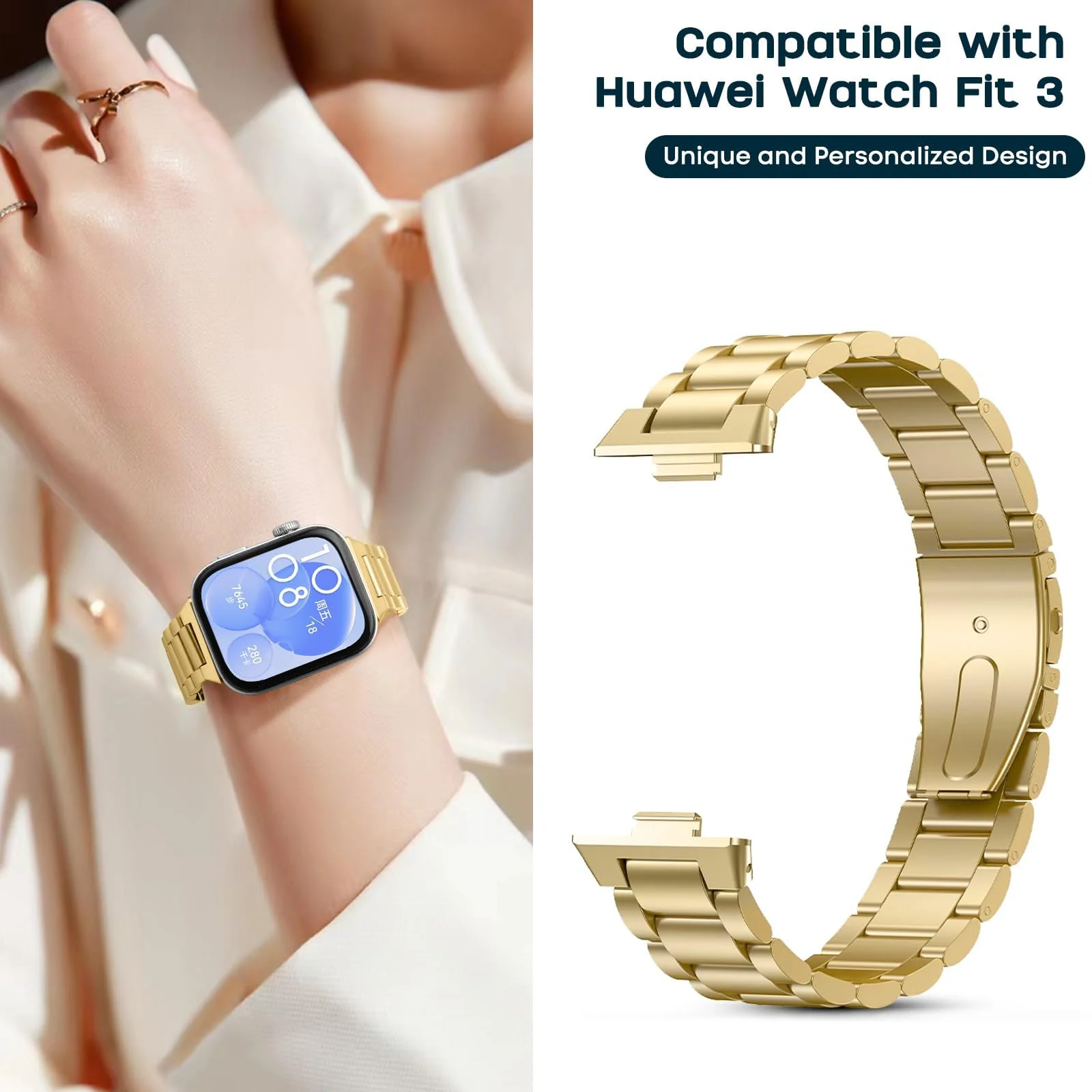 DL3 Mobilak Metal Straps Compatible with Huawei Watch Fit 3/Fit 4/Fit 4 Pro Strap, Stainless Steel Replacement Band with Folding Clasp, Adjustable Replacement Bracelet Wristband - Gold