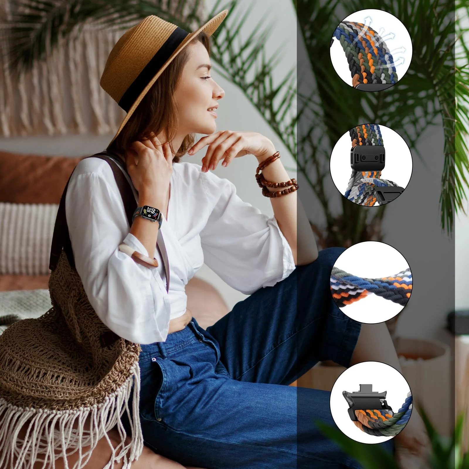 DL3 Mobilak Braided Bracelet Compatible with Redmi Watch 4/5 / 6 / Xiaomi Smart Band 8 Pro/Band 9 Pro, Nylon Magnetic Fabric Elastic Sport Nylon Replacement Strap for Men Women - Denim Colorful