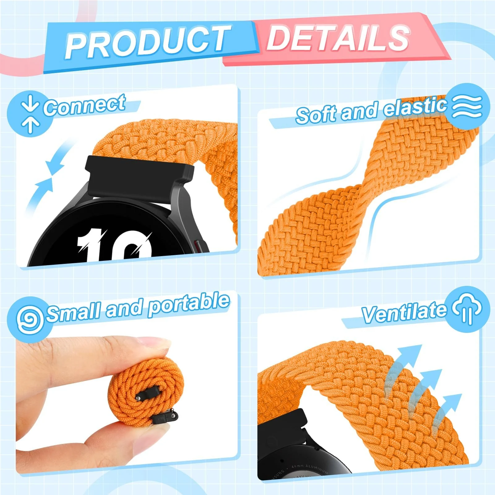 DL3 Mobilak Band 20MM Nylon Braided Solo Loop Strap For Samsung Gear Sport/Watch 6/5/4 40mm 44mm/Watch 6 Classic 43mm 47mm/ 5 Pro 45mm/active 2 40mm 44mm (Red, Small), unisex-adult - Black
