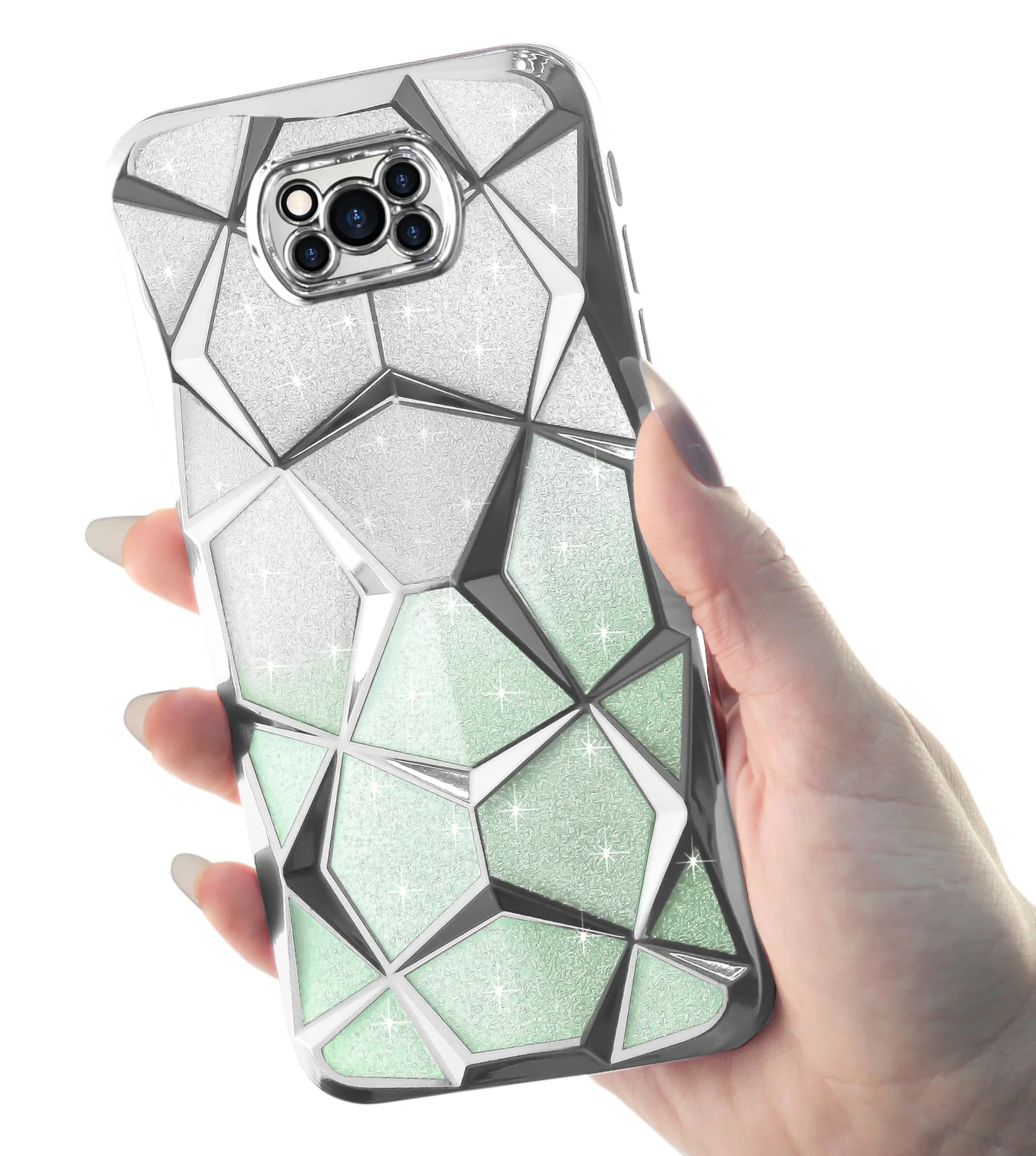 DL3 Mobilak For Xiaomi Poco X3 NFC/Poco X3/Poco X3 Pro Case Plating Bling Gradient Glitter Clear Cover Soft TPU Silicone Cute Camera Protection Shockproof Back for Women Girls Case - Silver Green