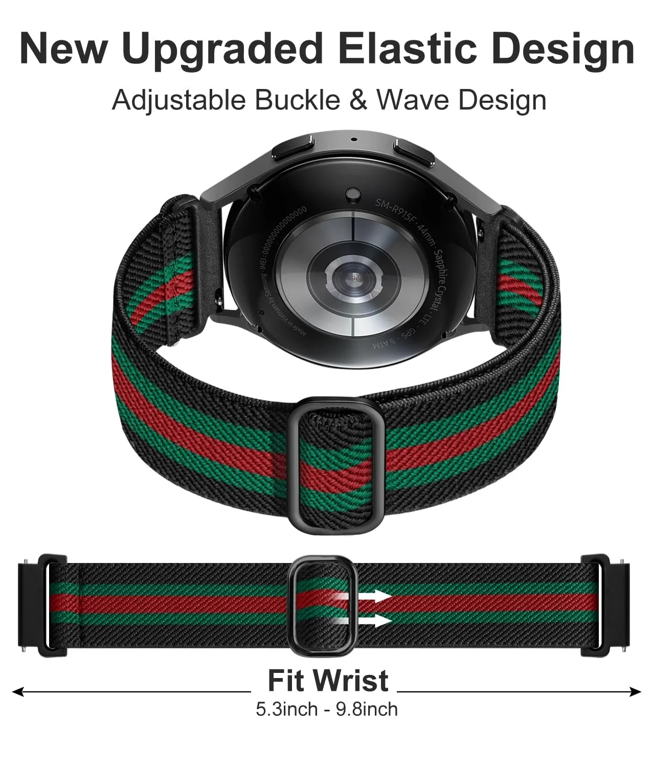 DL3 Mobilak Elastic Bands Compatible with Samsung Galaxy Watch 6 5 4 Bands 40mm 44mm/Watch 5 Pro Band 45mm/Watch 4 6 Classic Bands 42mm 43mm 46mm 47mm, Stretchy Nylon Solo Loop Strap - Black/Green/Red
