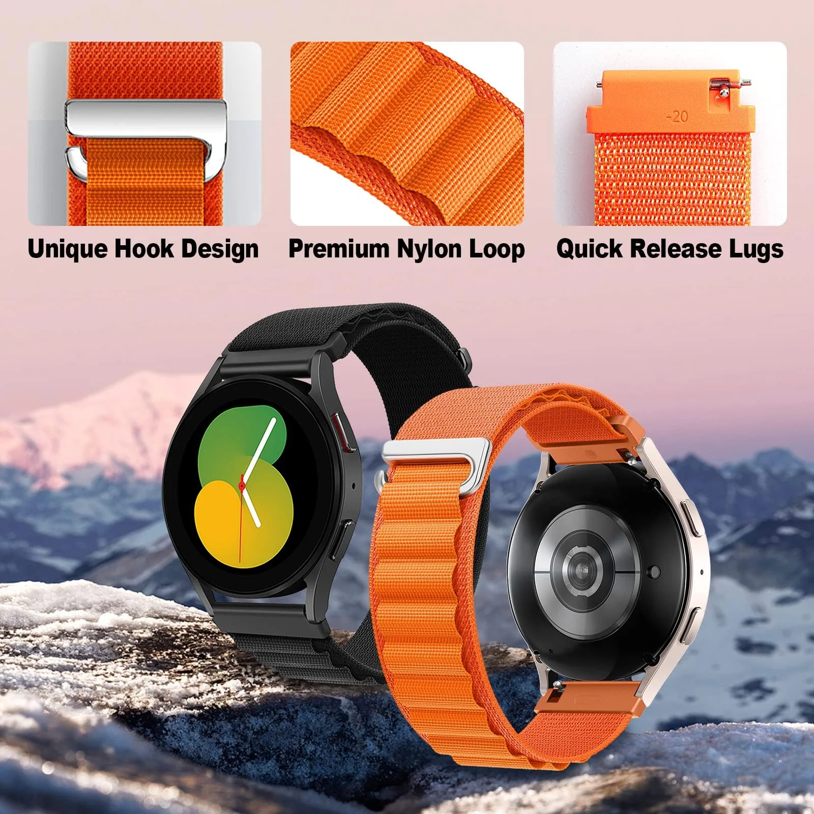 DL3 Mobilak Alpine Loop Bands Sport Nylon 20MM For Samsung Galaxy Watch 7 6 5 4 40mm 44mm/5 Pro 45mm/S2 classic/active 2 40mm 44mm/Amazfi GTS 2/2e/GTS 3/3 Pro/GTS 4/GTS 2 Mini/3 Mini/4 Mini/Bip 3 Pro - White Black