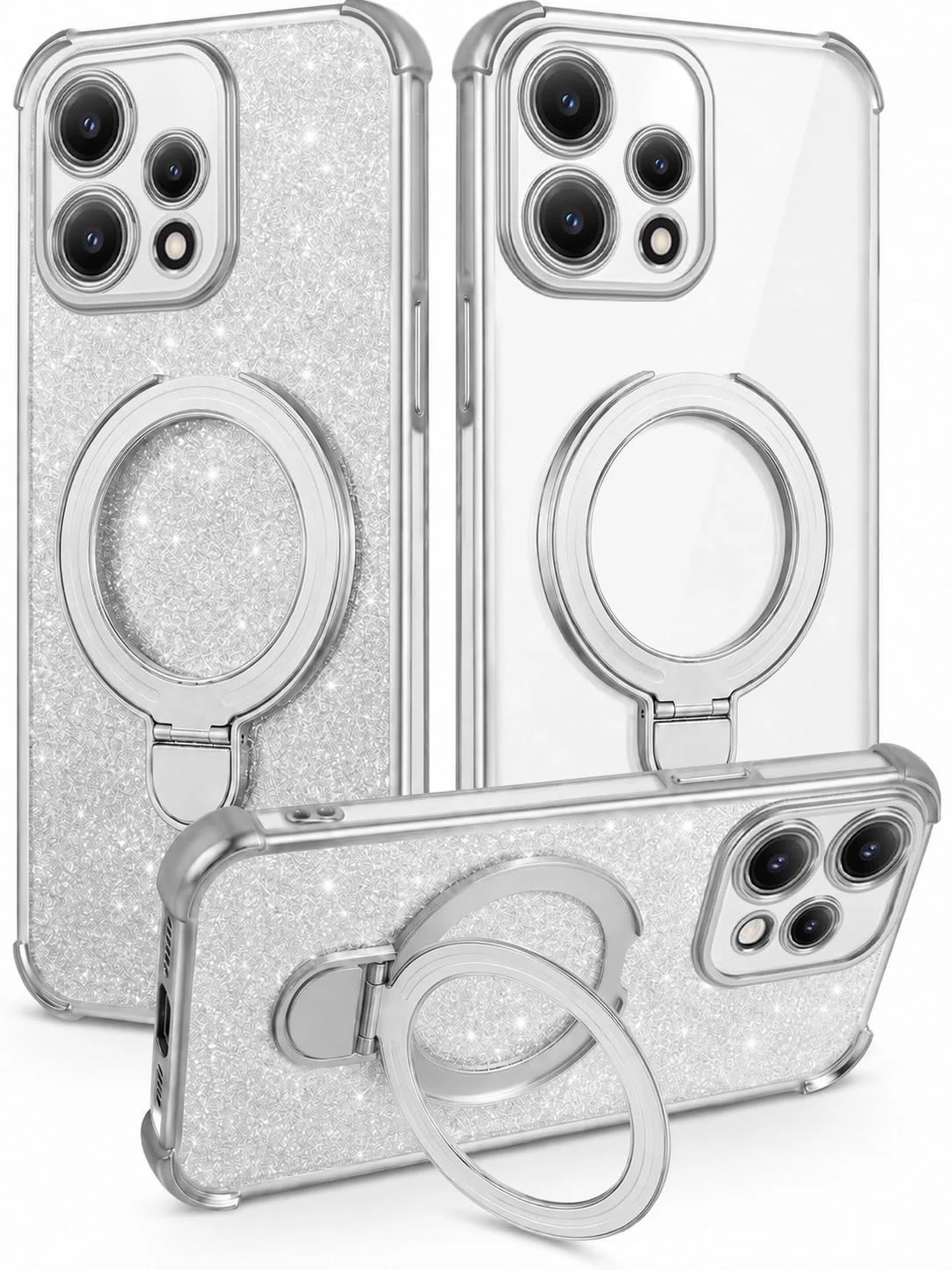 Mobigon Glitter Phone Case Compatible with OPPO Reno 15 5G (OPPO Reno15), Magnetic Ring Stand Shockproof Cover, Clear Soft TPU Bumper with Full Camera Protection - Silver