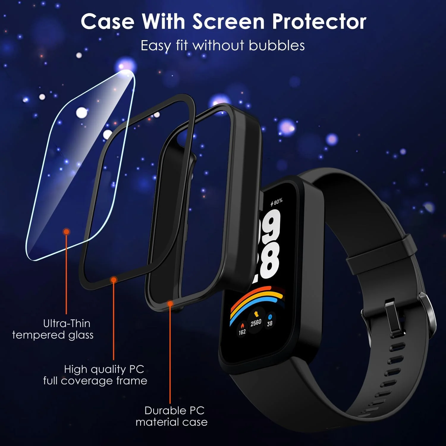 DL3 MOBILAK Full-Coverage Watch Case with Tempered Glass for Xiaomi Smart Band 9 Active, Black