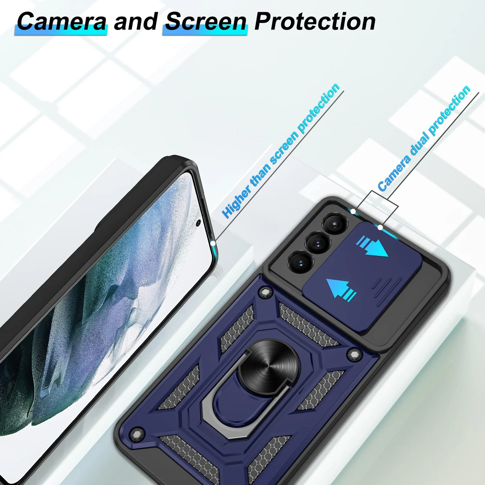 DL3 Mobilak Silicone Protective Case for Samsung S21 PLUS with Slide Camera, Built-in magnetic car-mount support, Shock-absorbing protection, Built-in kickstand - Blue