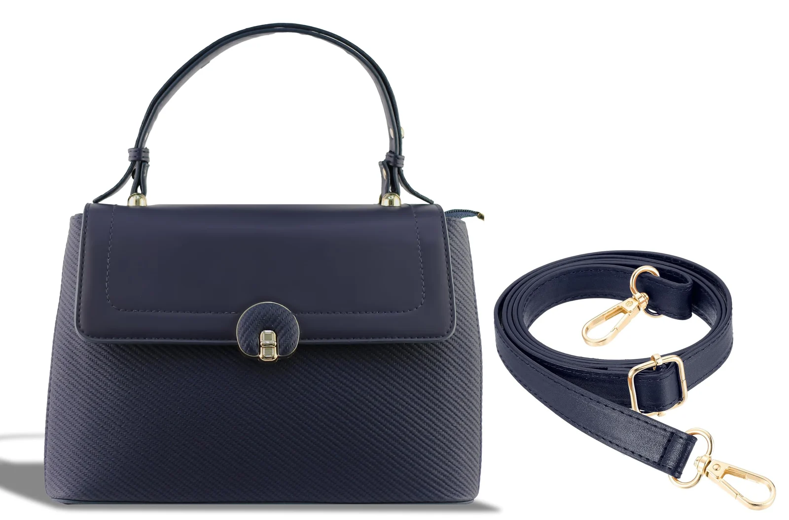 Mobigon Elegant Women’s Handbag with Shoulder Strap, Textured Leather Baguette Purse with Gold Clasp, Magnetic Snap & Zipper Compartments, Structured Top Handle Bag for Work & Daily Use - Blue