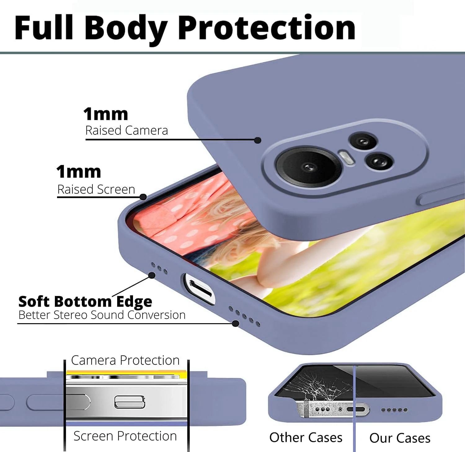DL3 Mobilak OPPO Reno 10 5G / OPPO Reno 10 Pro 5G Case, Soft Flexible Liquid Silicone Gel Rubber Bumper Cover, Full Body Shockproof Protective Phone Case - Lavender Gray