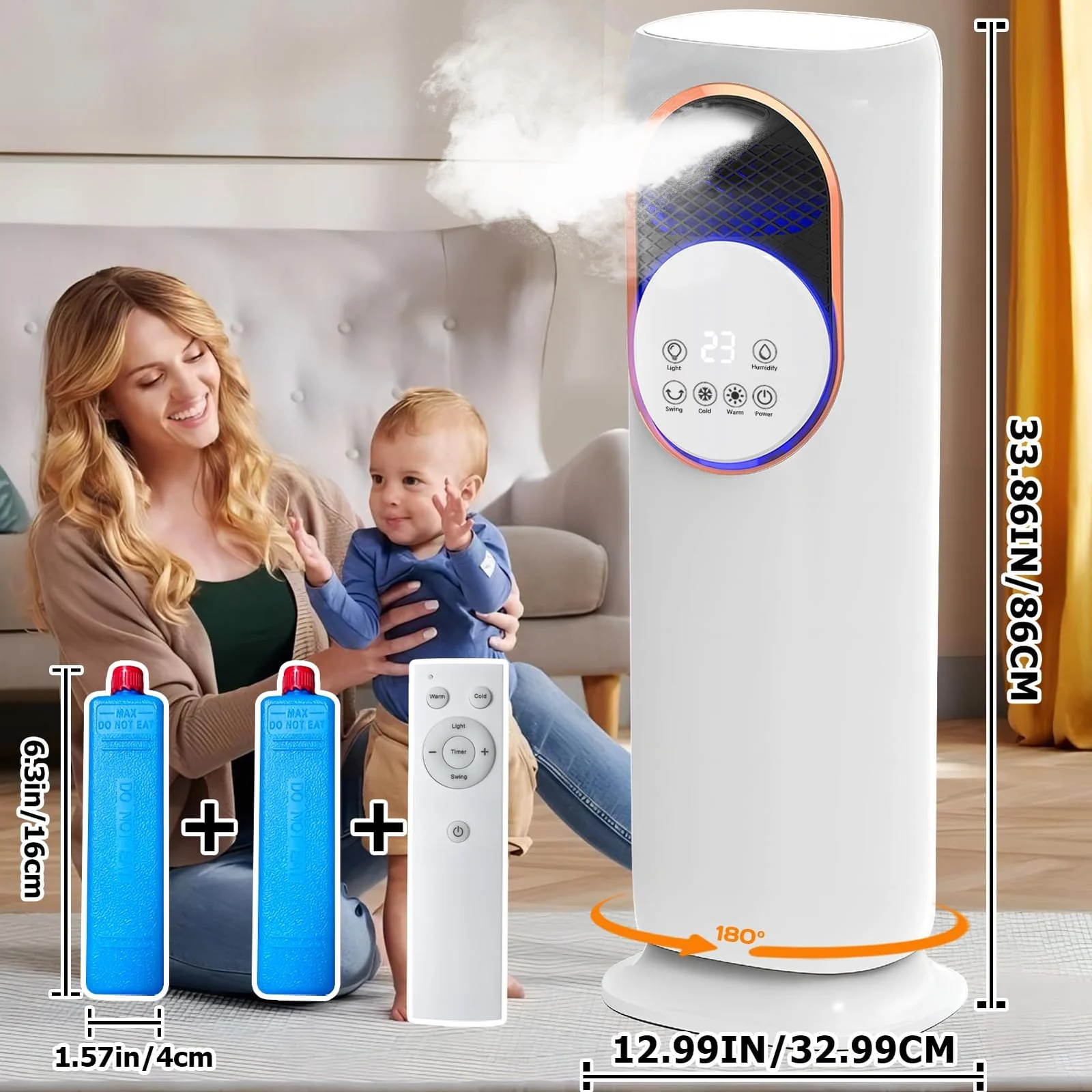 Mobigon 4 in 1 Fan and Heater Combo with Humidification, 4L Water Tank with Remote Control, Touch, 180° Oscillating, 2 Speed Heating, 3 Speed Cooling, 12H Timer Tip-over & Overheat Protection - White